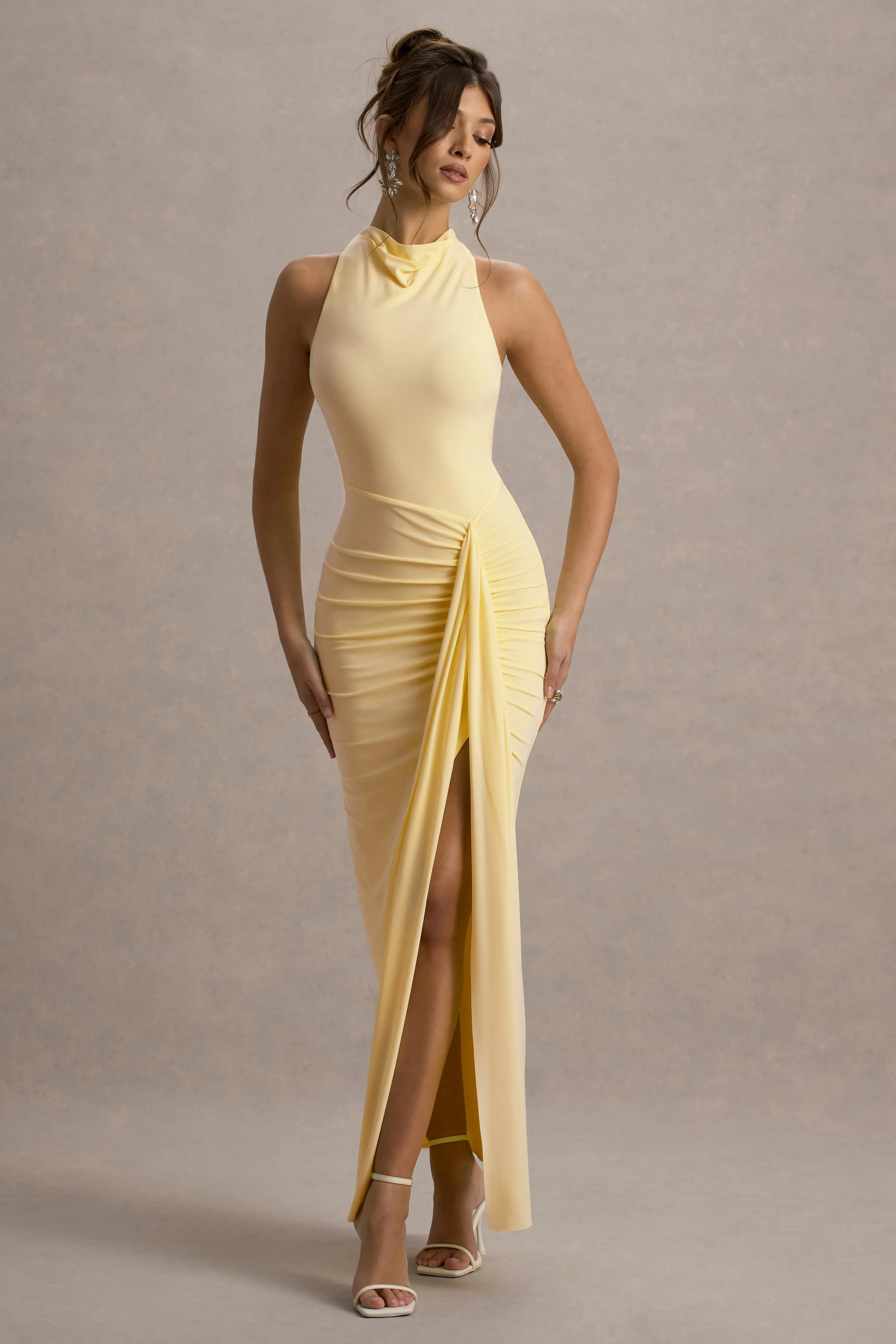 Sunflower | Pale Lemon Ruched High-Neck Split Maxi Dress