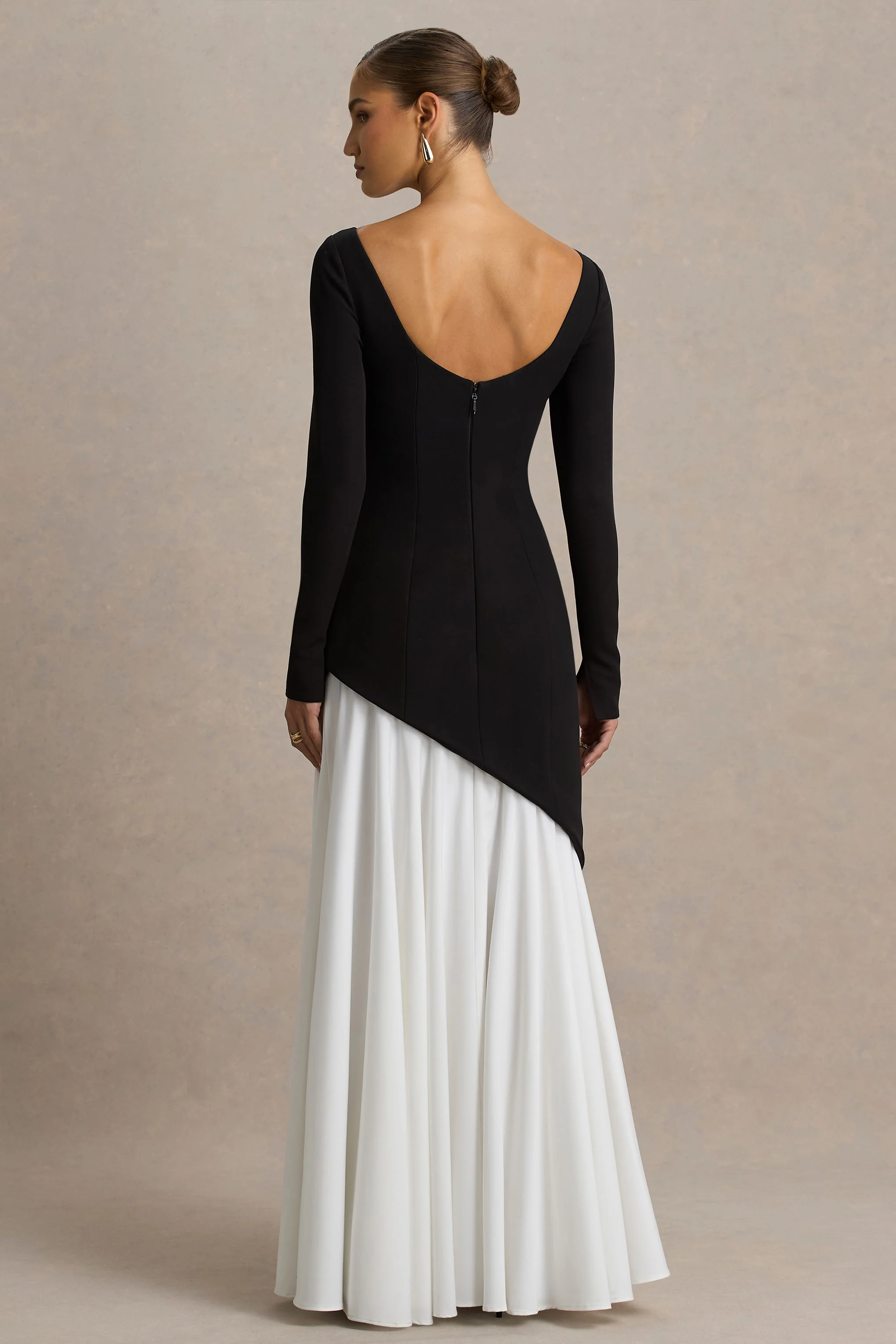 Caty | Black And White Long-Sleeved Maxi Dress With Drop-Waist And Ruffled Detailing