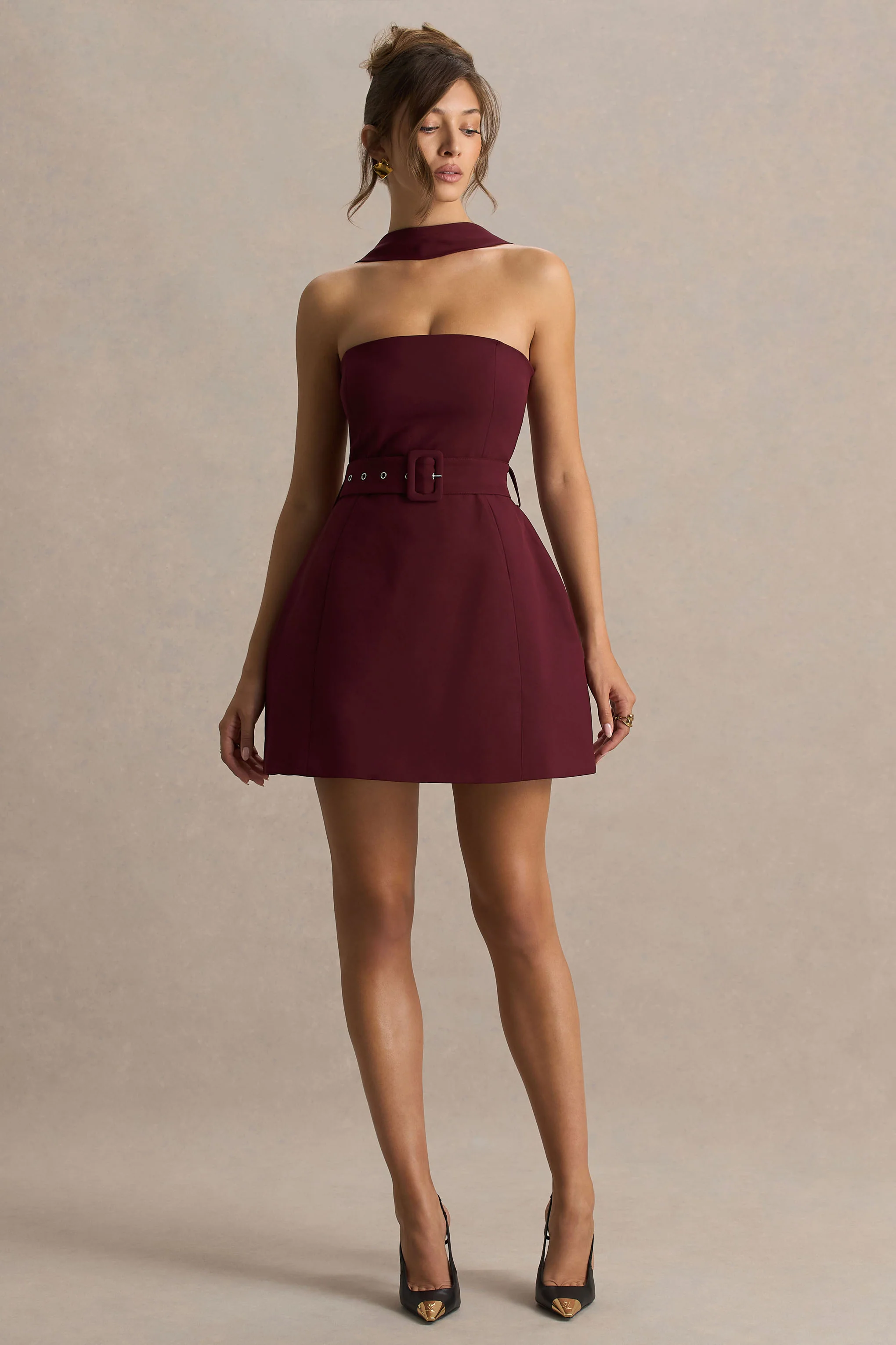 Timberly | Burgundy High-Neck Tailored Micro-Mini Dress