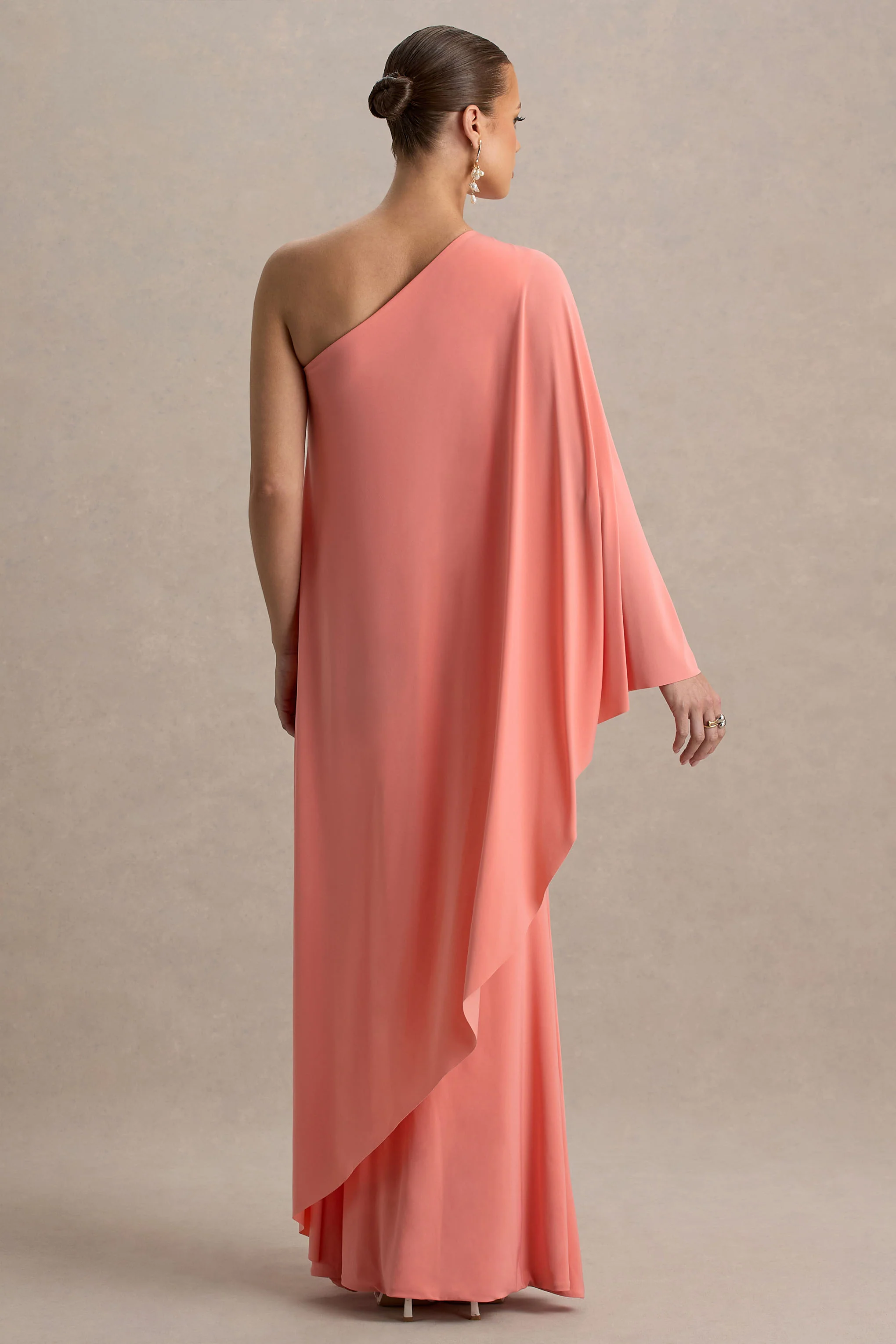 Waves | Coral Asymmetric Maternity Maxi Dress With One-Sleeve Cape
