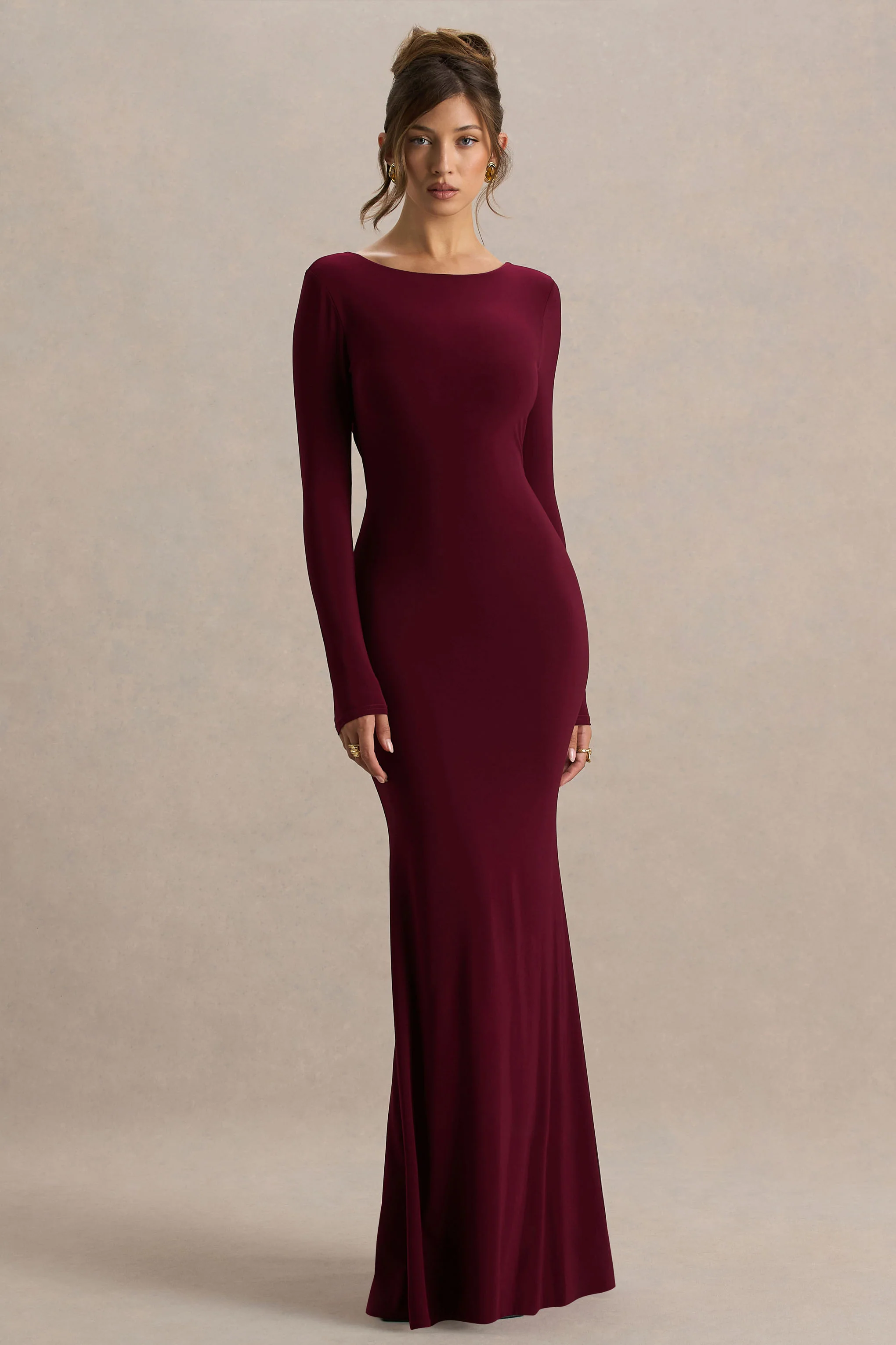Estelle | Burgundy Boat-Neck Maxi Dress With Open-Back And Lace Detail