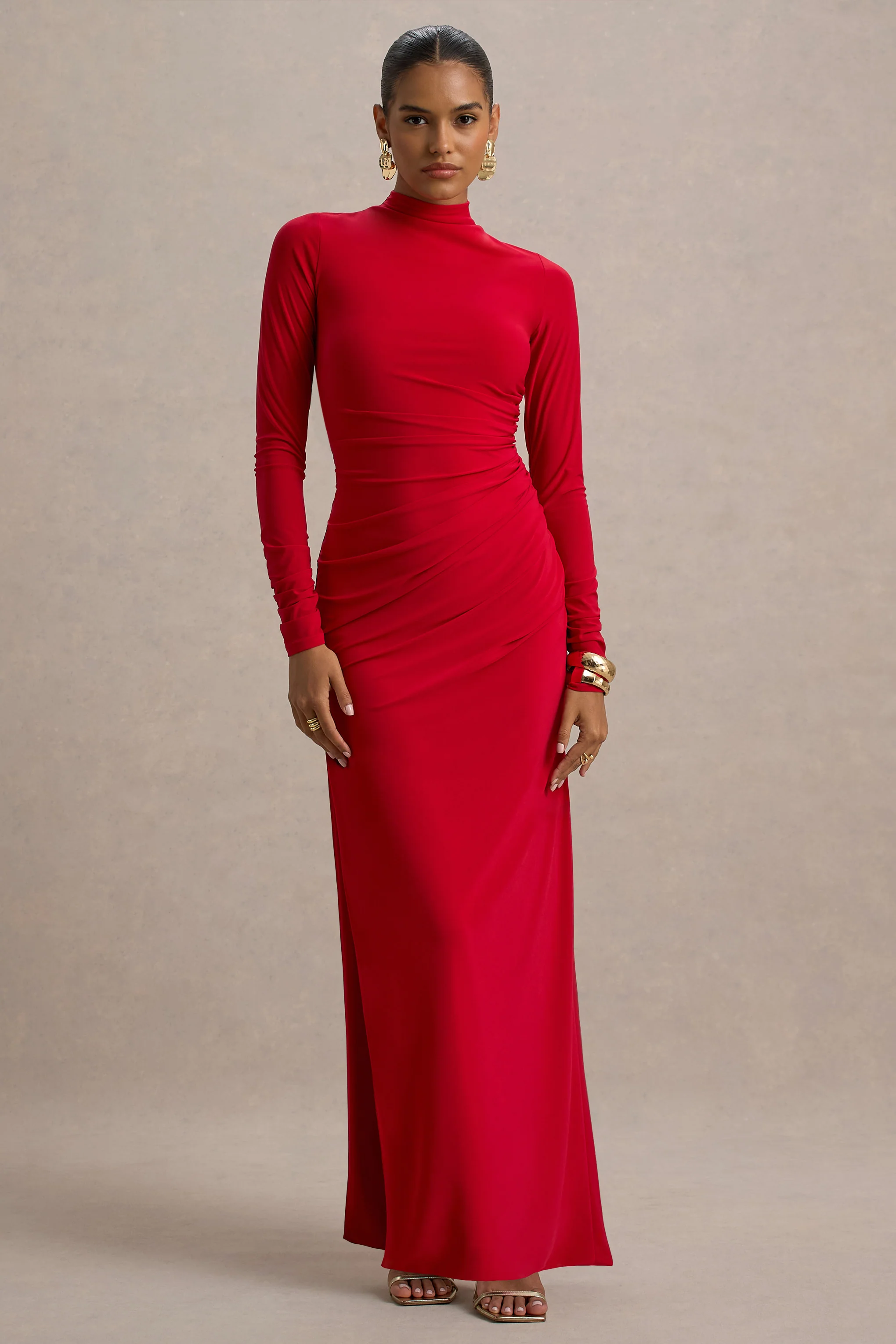 Alluring | Red High Neck Maxi Dress With Ruched Detailing