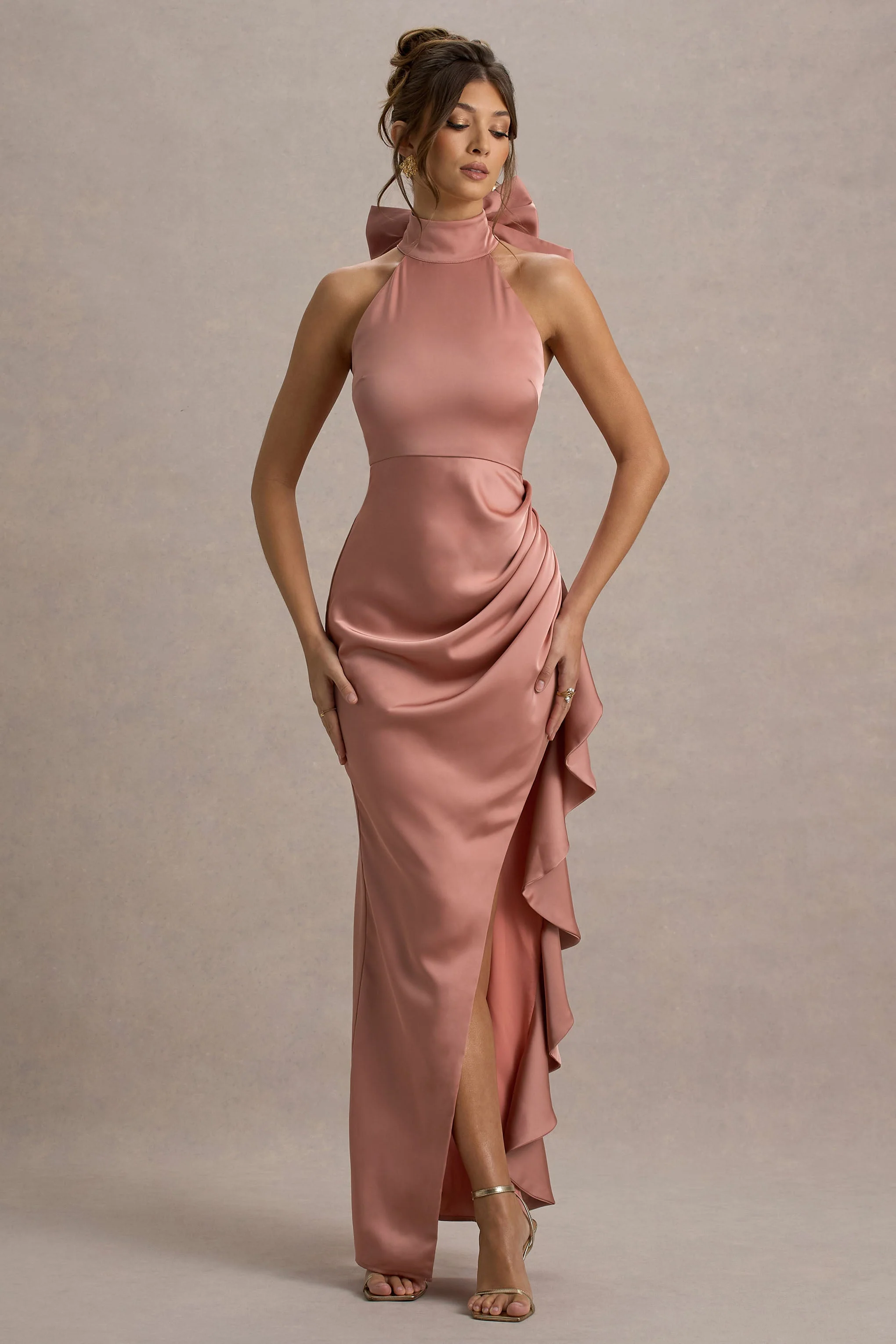 Maureen | Pink Satin High-Neck Draped Maxi Dress