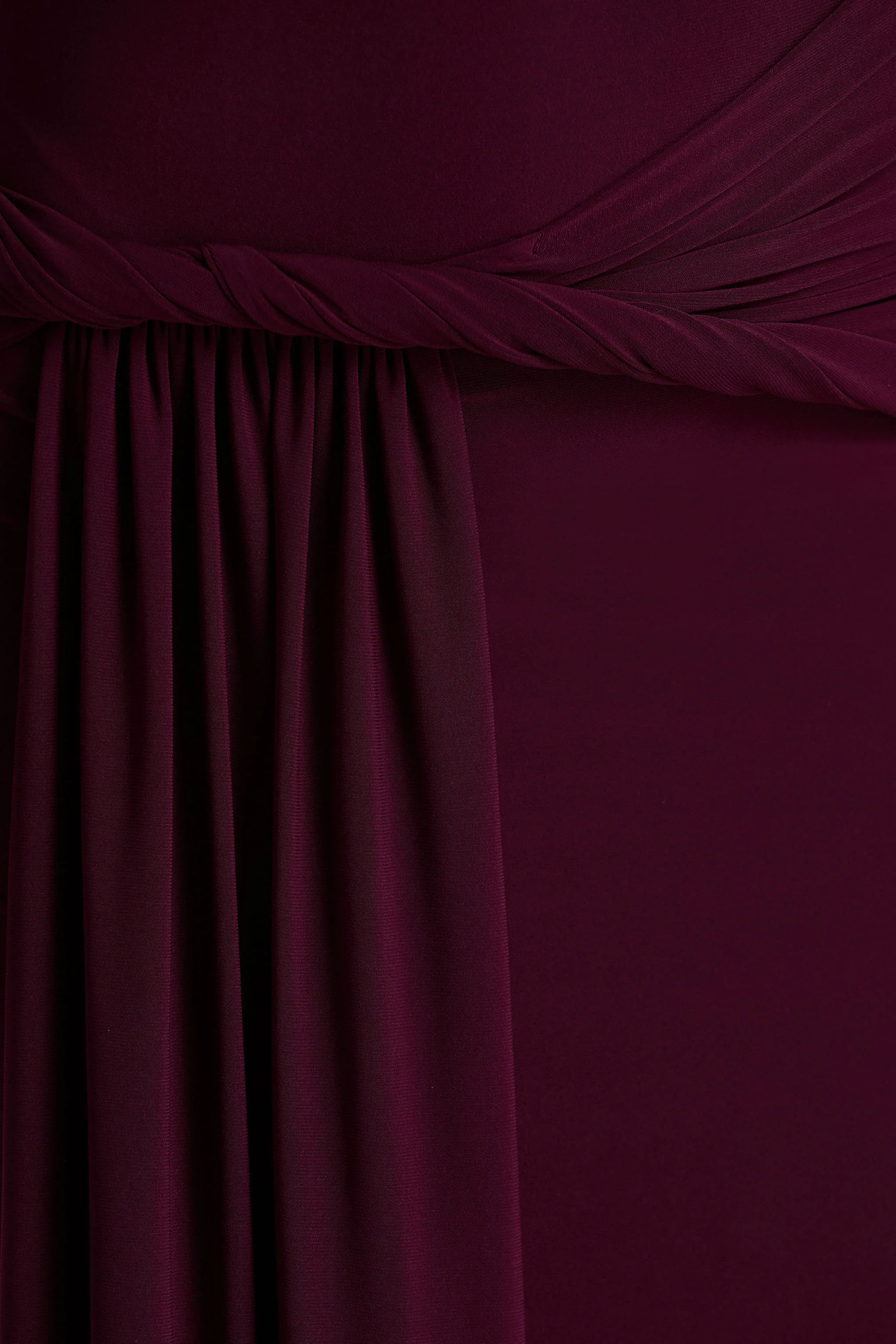 Tulisa | Burgundy Asymmetric-Neck Maxi Dress With Twist Sleeves And Ruched Detailing