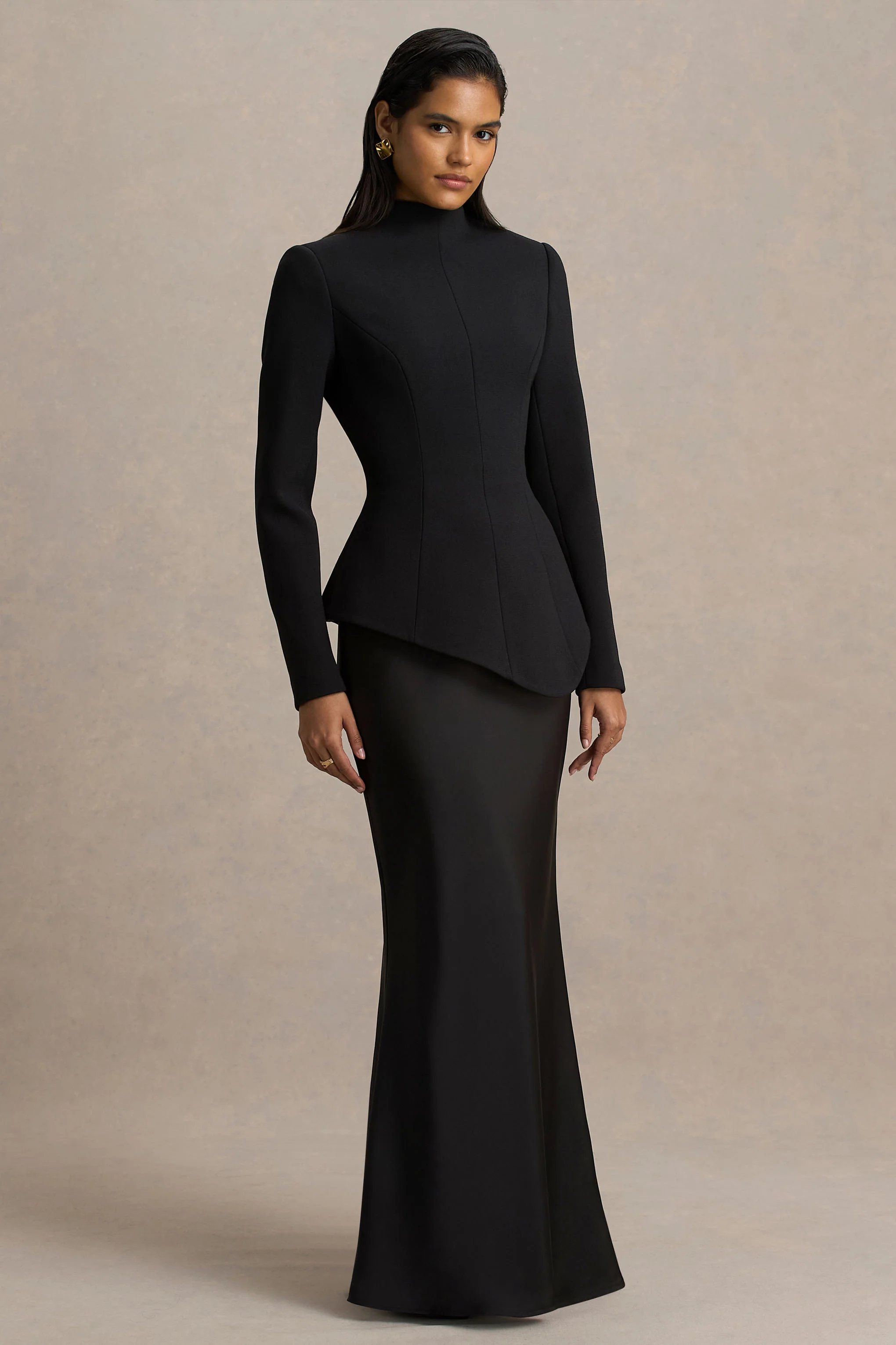 Pepita | Black High-Neck Tailored Maxi Dress With Drop-Waist And Satin Skirt