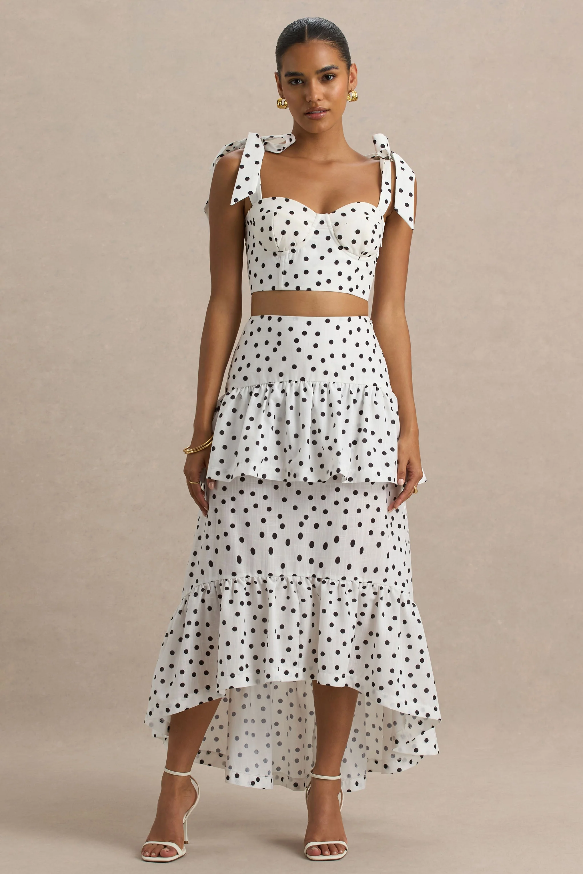 Emry | White Polka Dot High-Waist Maxi Skirt With Ruffle Detail