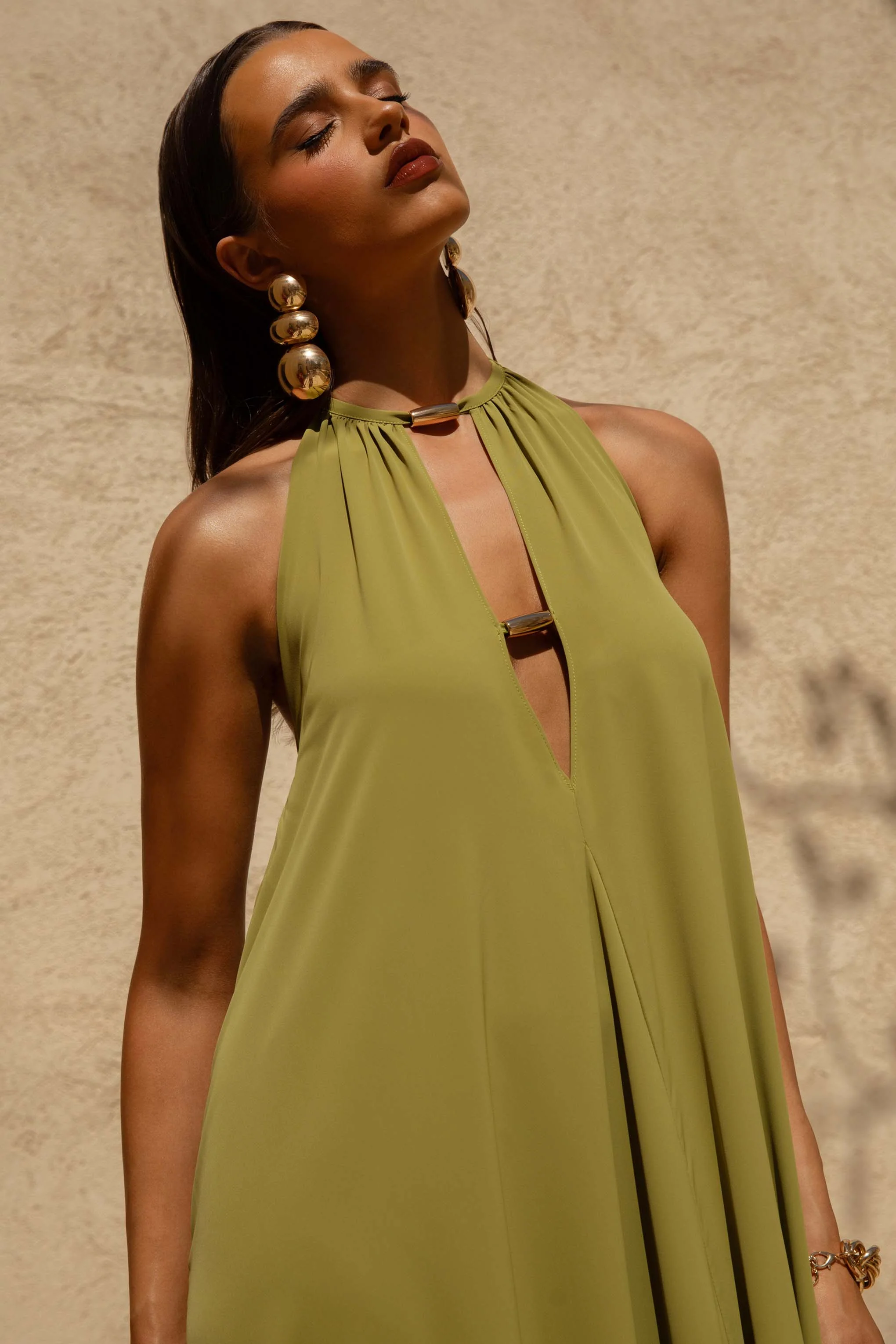 Zyon | Green High-Neck Maxi Dress with Cut-Out Details