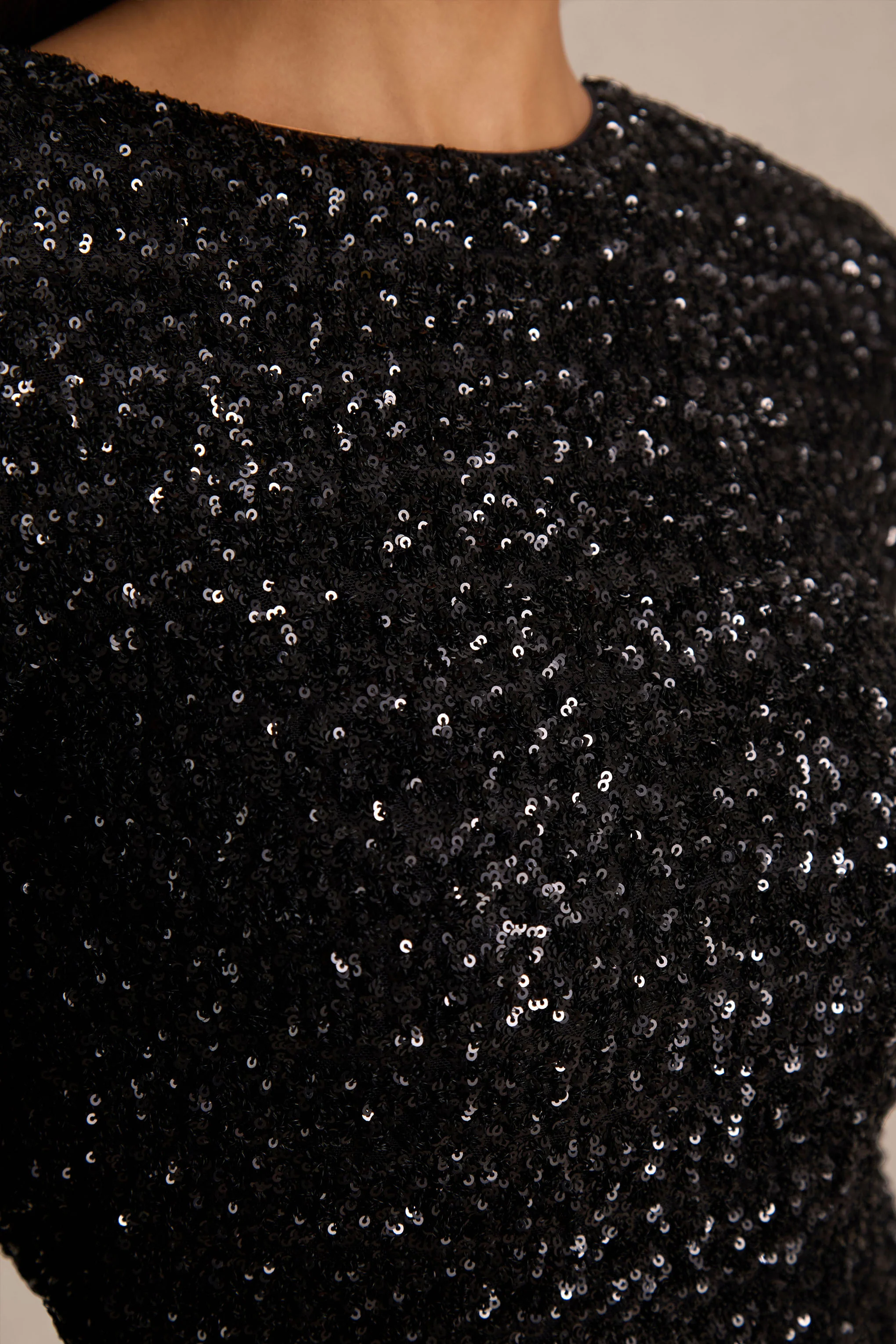 Mercedes | Black Sequin Boat-Neck Mini Dress With Long-Sleeves And Draped Detailing