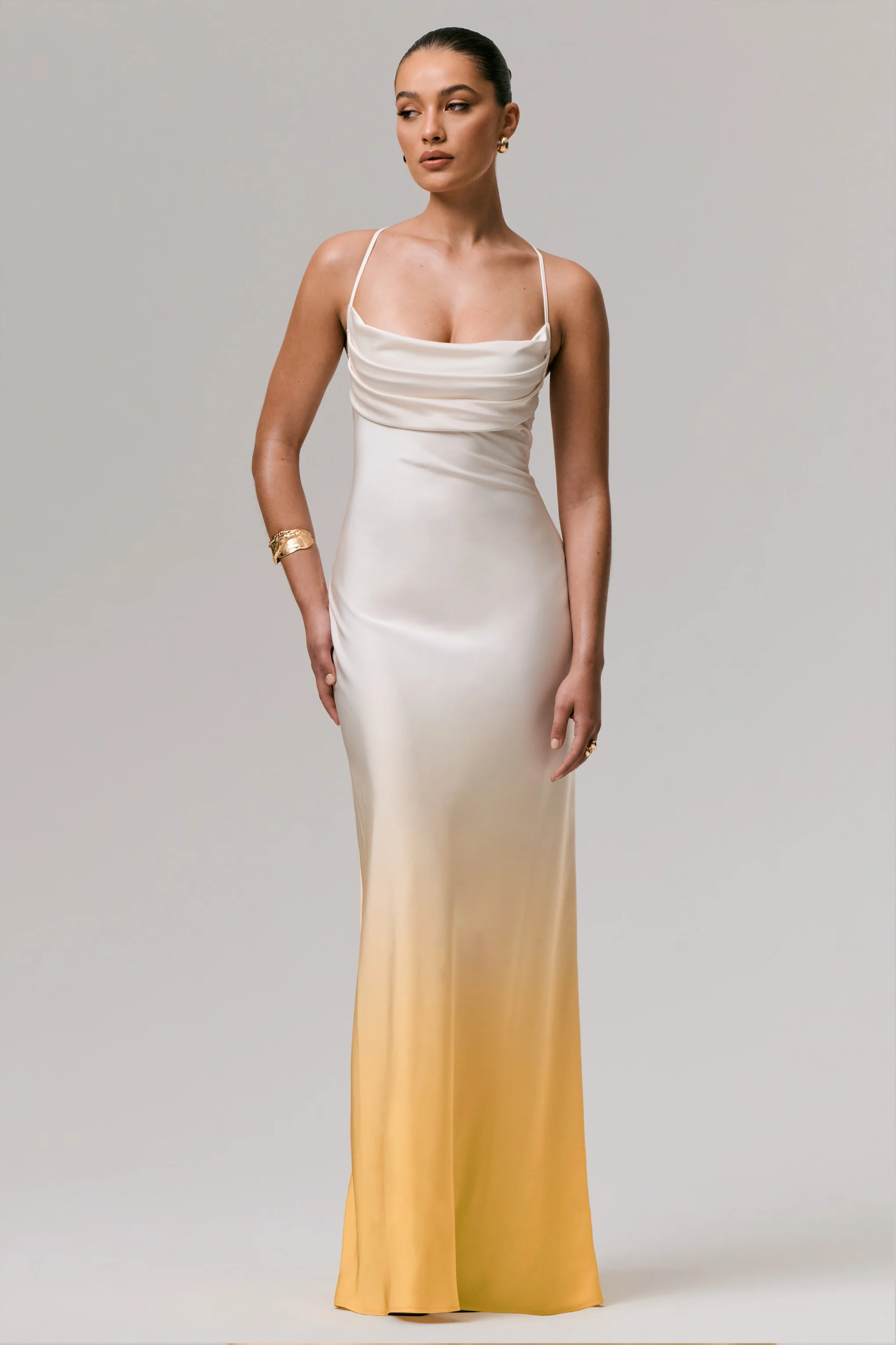 Lucie | Yellow Ombre Satin Cowl-Neck Maxi Dress