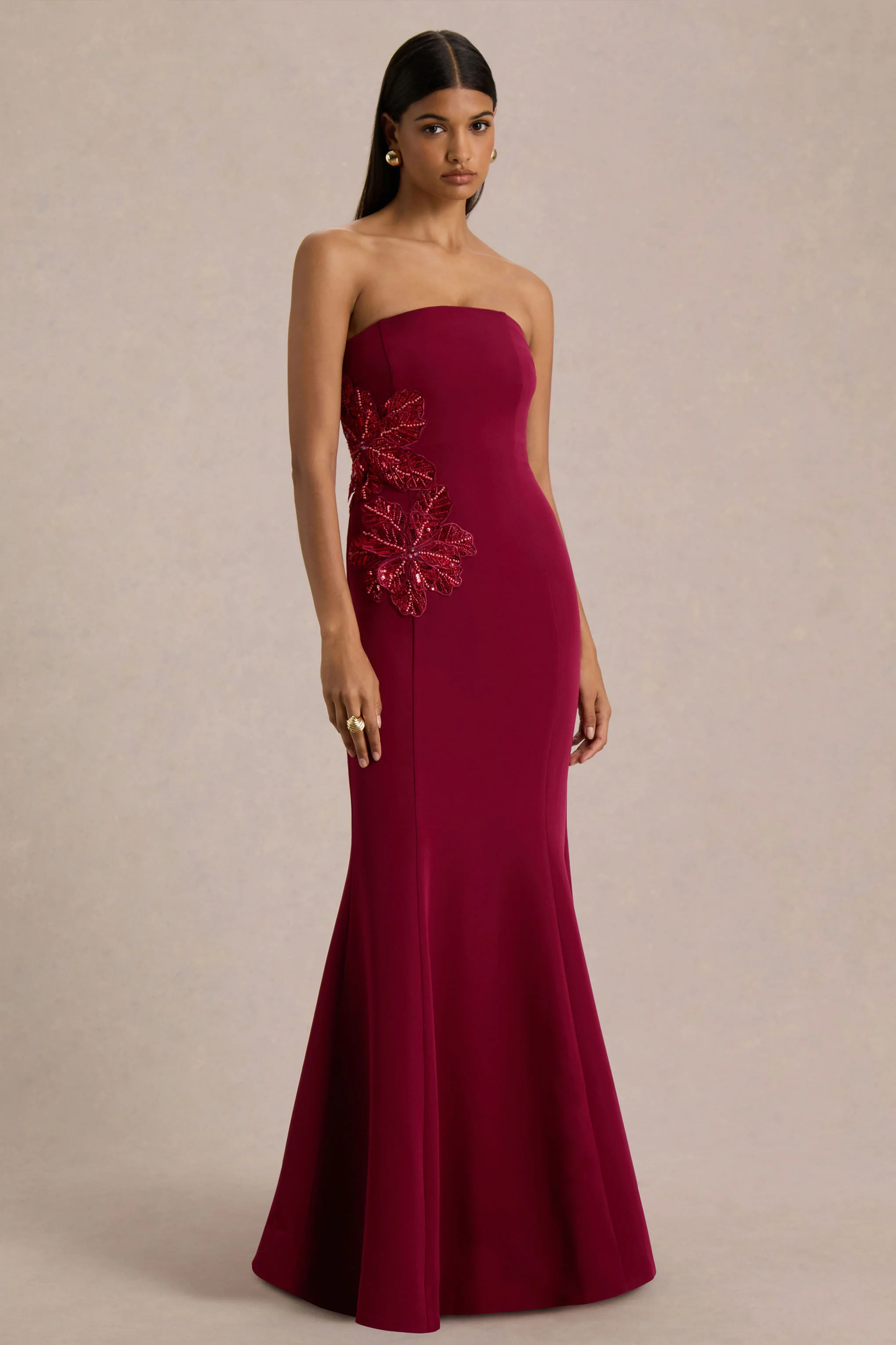 Aylana | Burgundy Bandeau Maxi Dress With Embellishment Detail