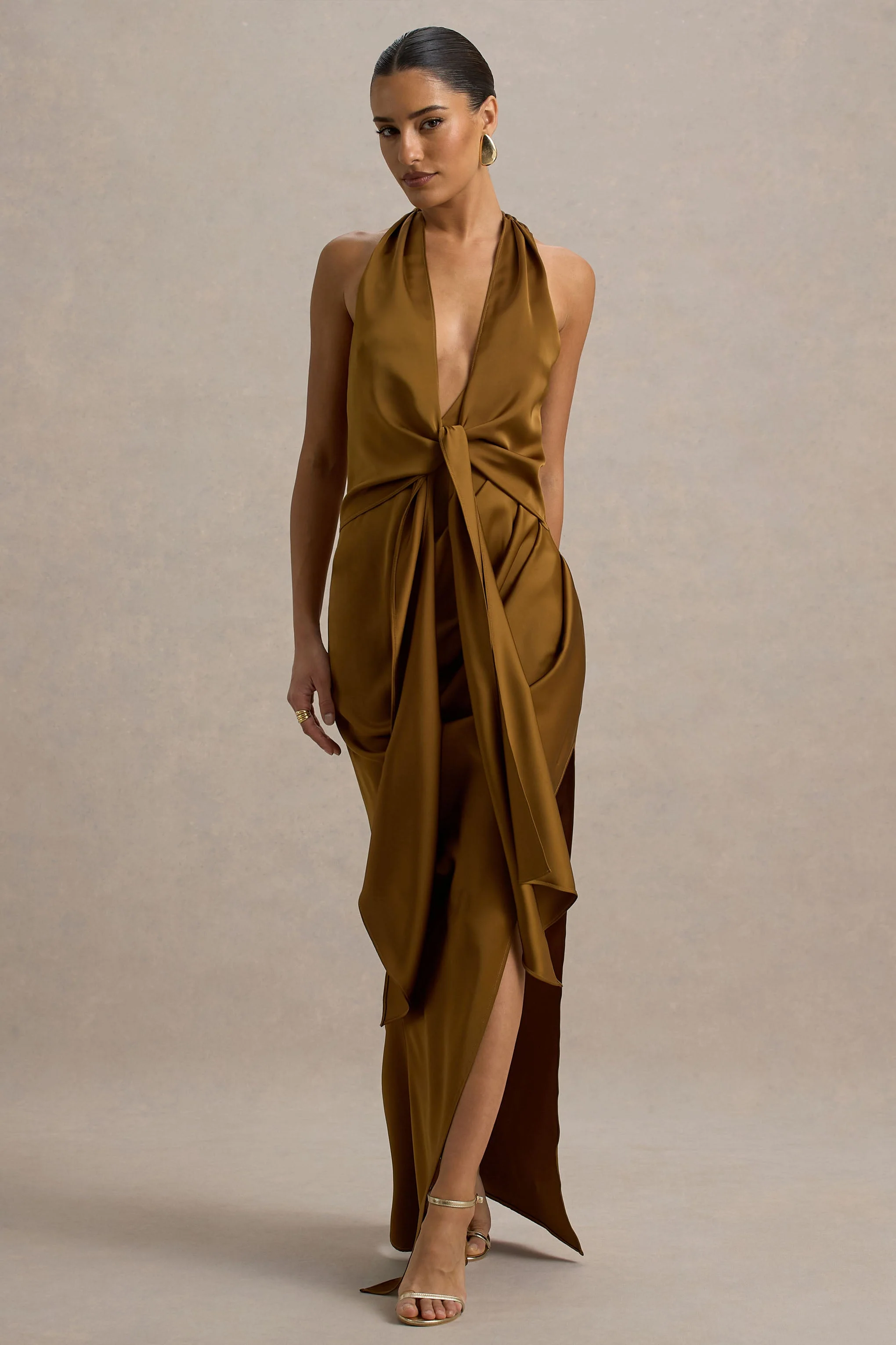 Lynette | Olive Satin Plunge-Neck Asymmetric Maxi Dress