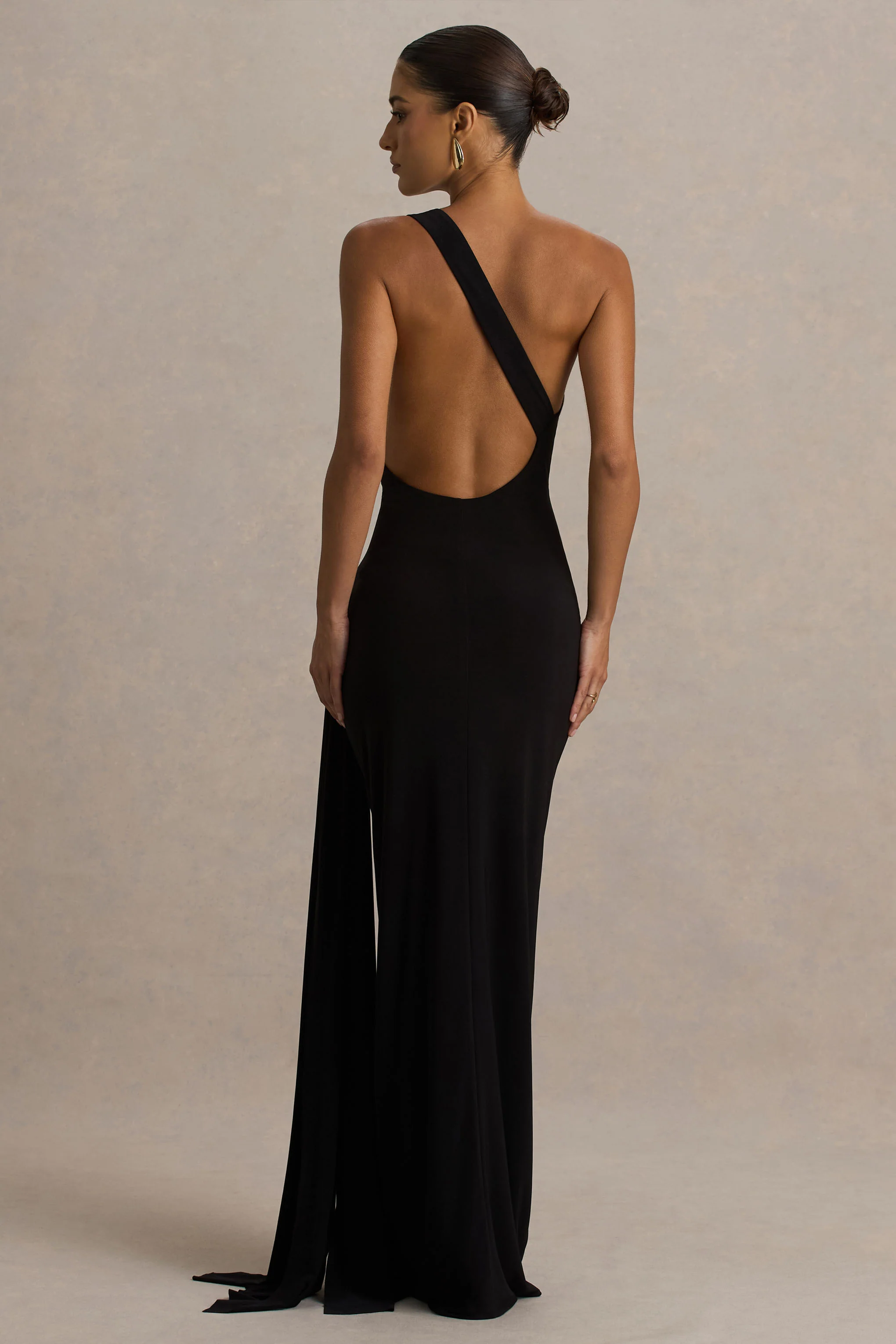 Bonnie | Black Asymmetric-Neck Maxi Dress With Ruched-Detailing