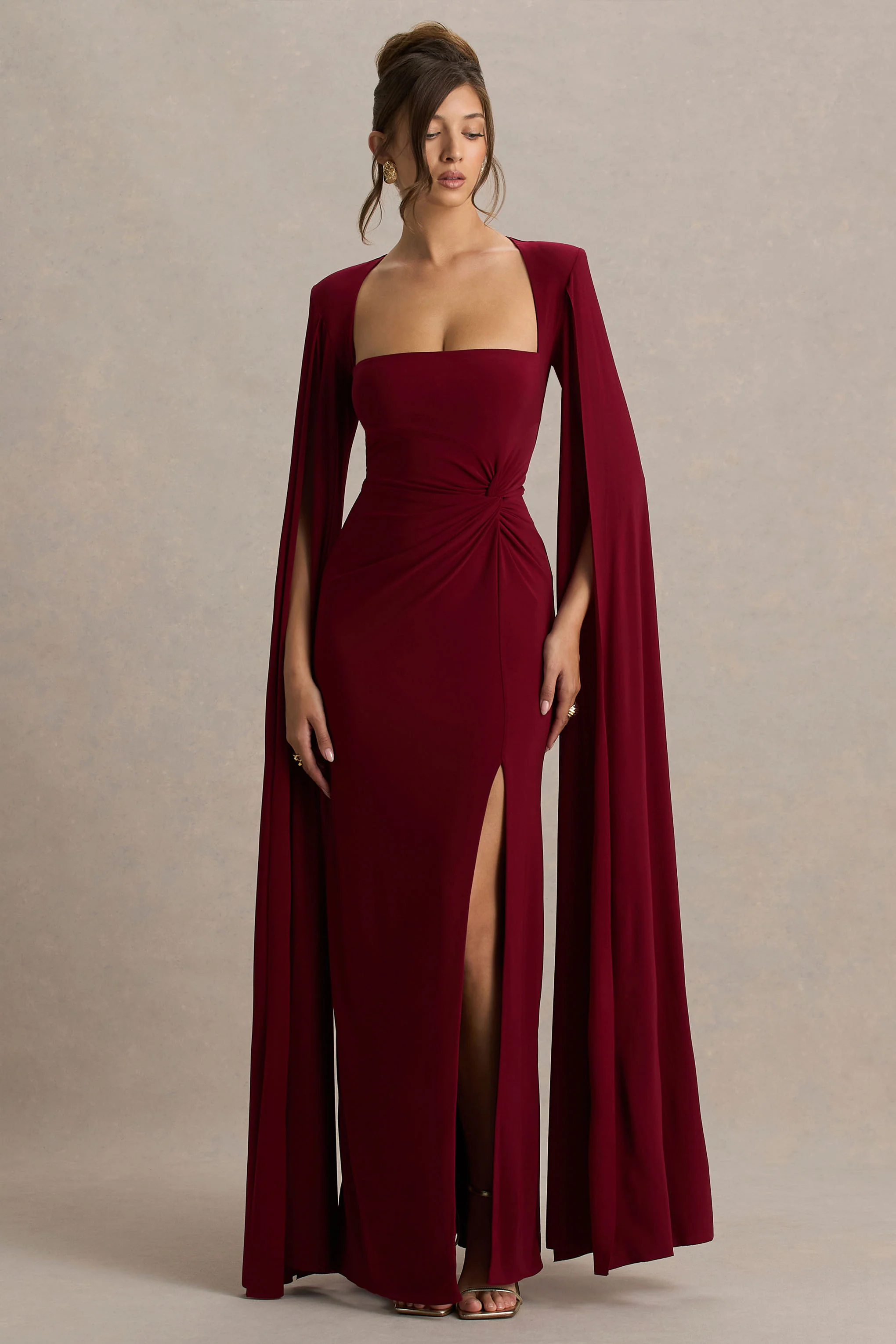 Claretta | Berry Square Neck Twisted Maxi Dress With Cape Sleeves