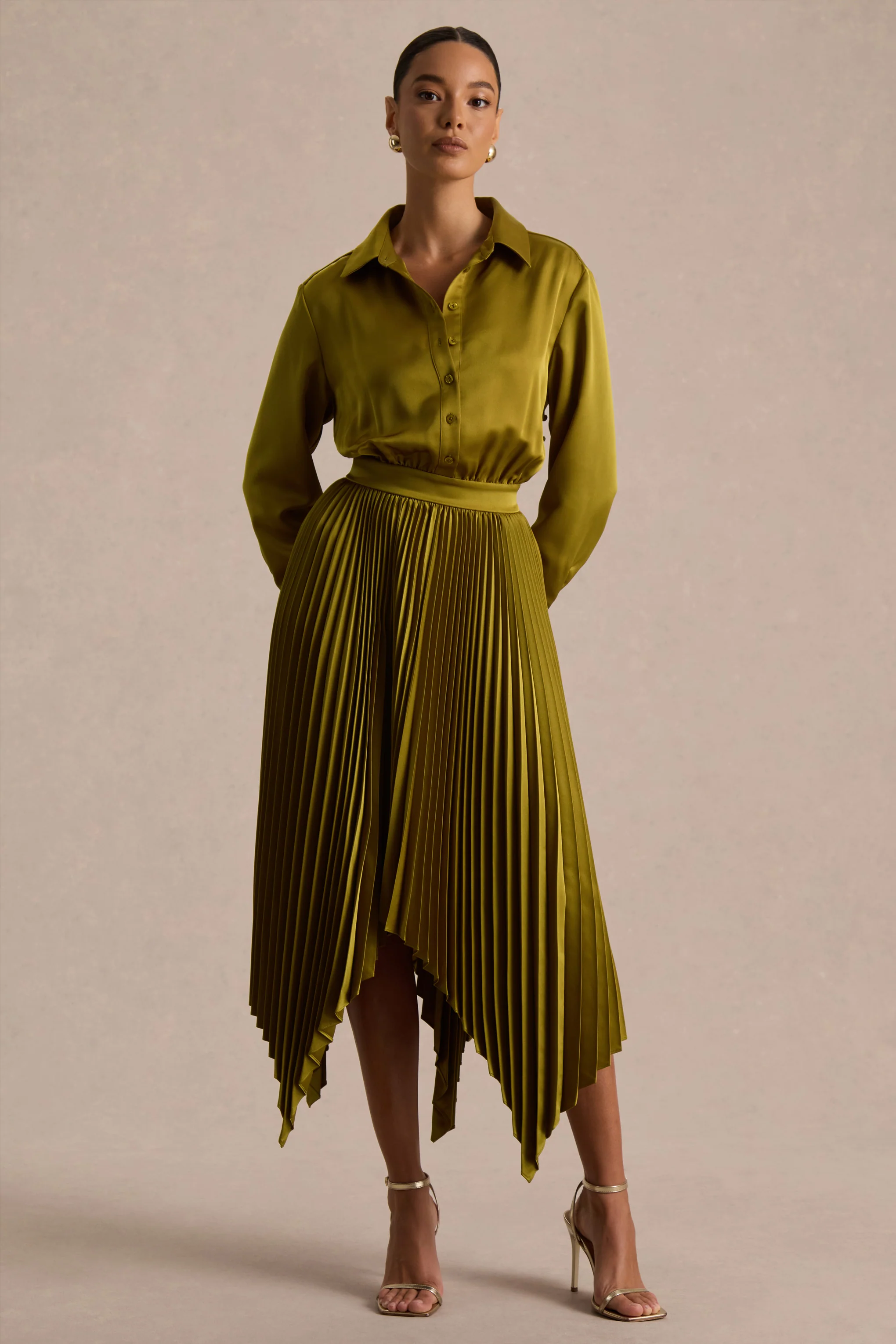 Naxos | Olive Satin Maxi Shirt Dress