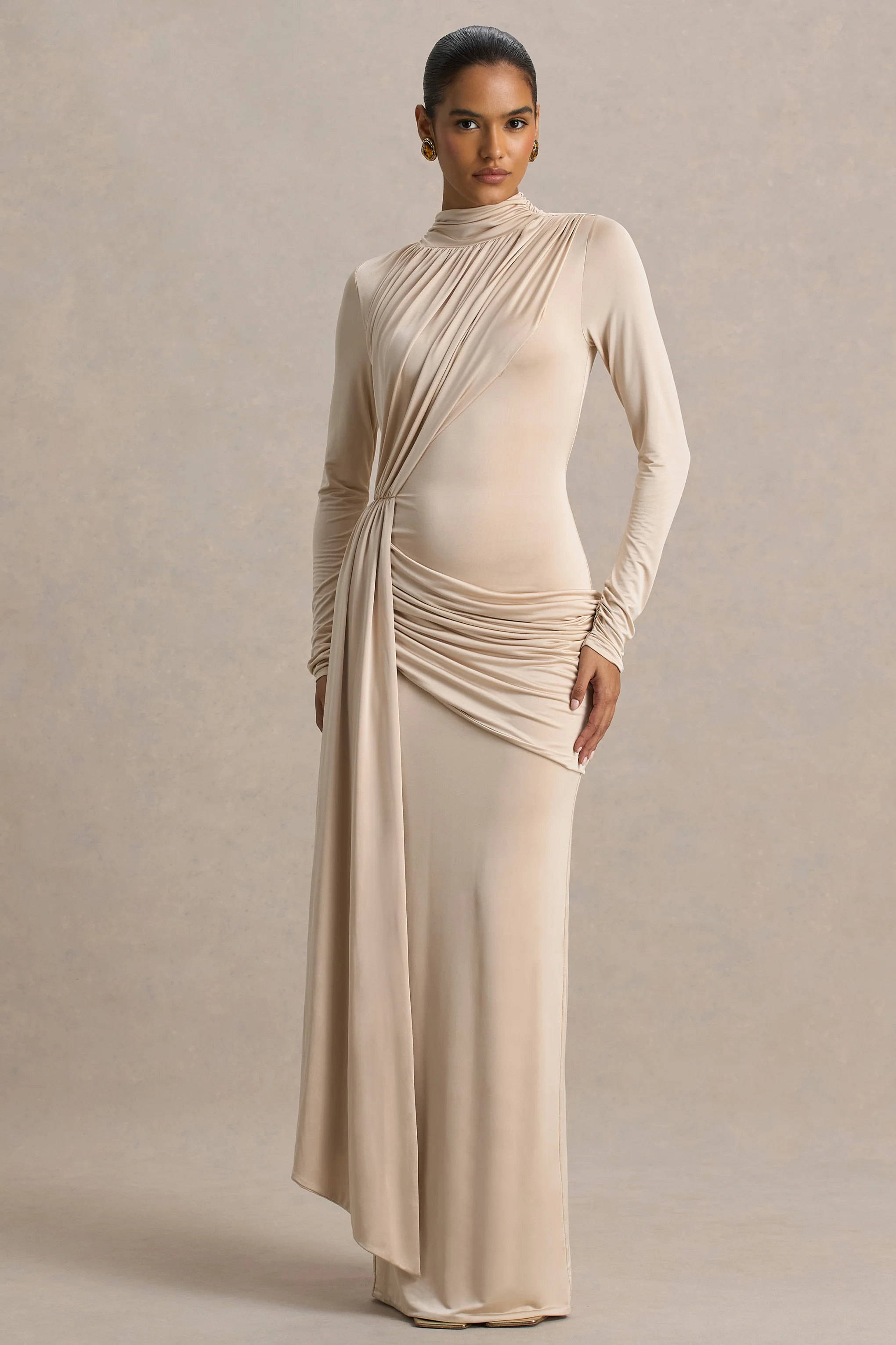 Romi | Champagne High-Neck Maxi Dress With Ruched Detailing