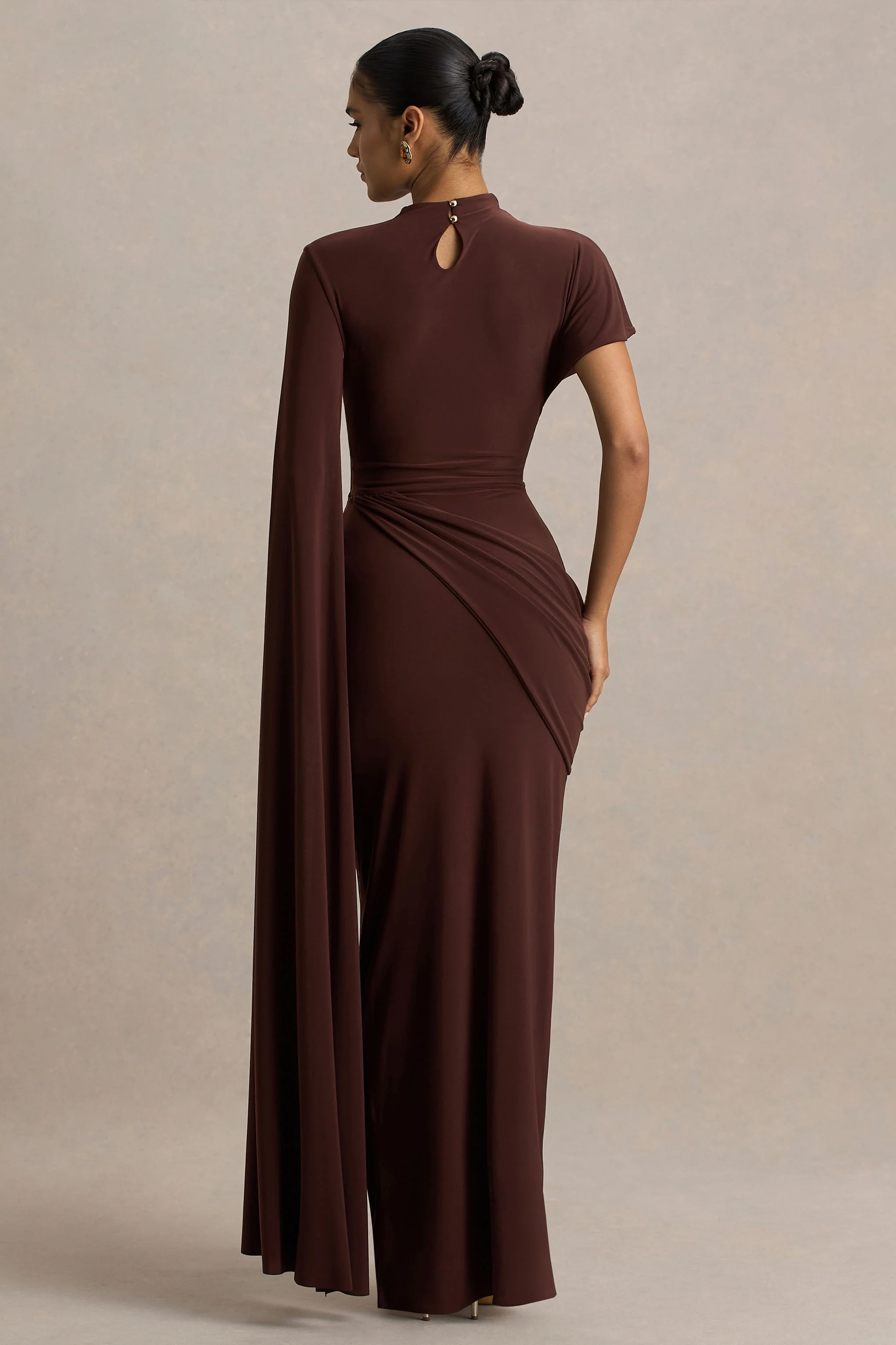 Tropic | Brown High-Neck Maxi With Long Cape Sleeve