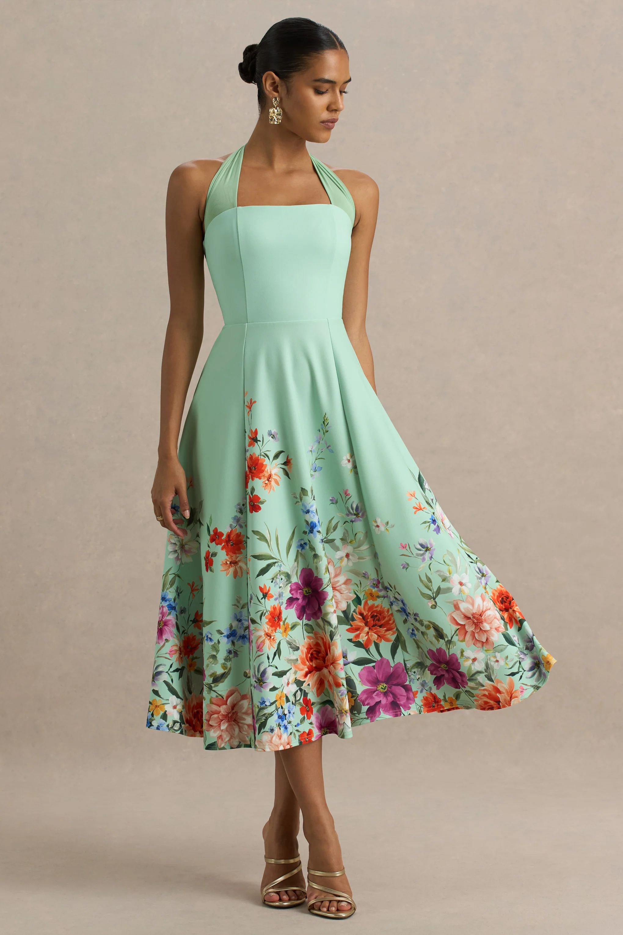 Auburn | Mint Placement Floral Halter-Neck Midi Dress