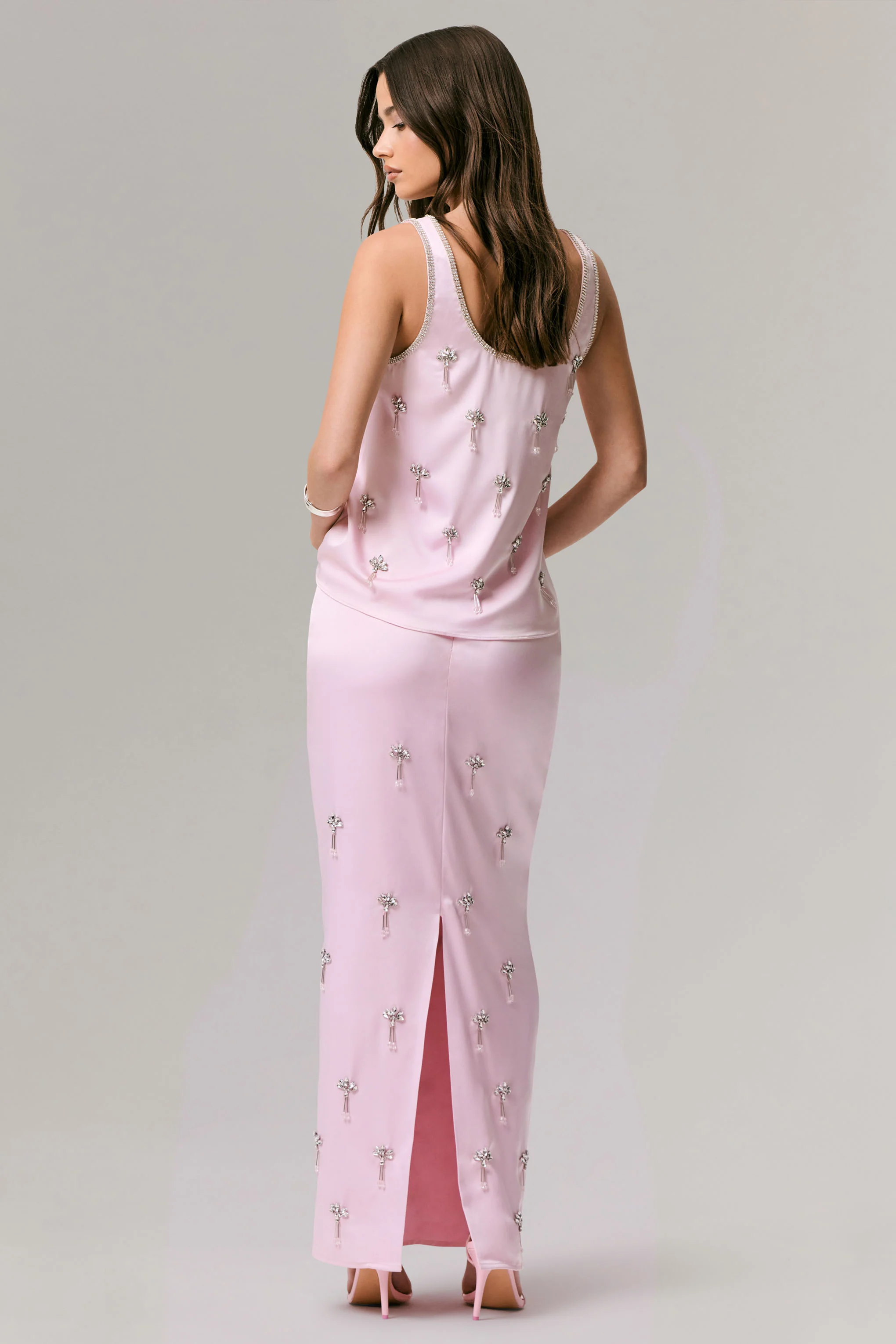 Lena | Pink Satin Embellished Maxi Skirt
