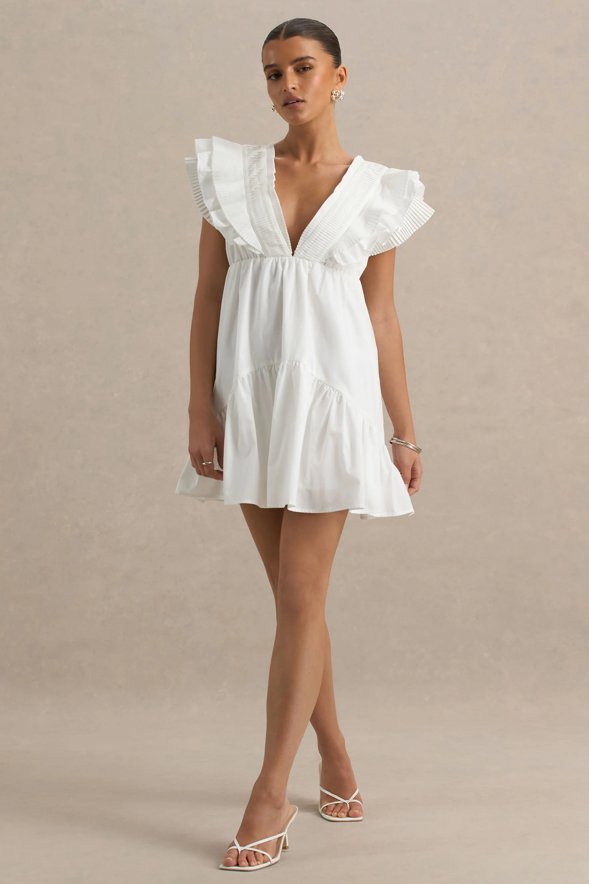 Judie | White Poplin V-Neck Ruffled Mini Dress
