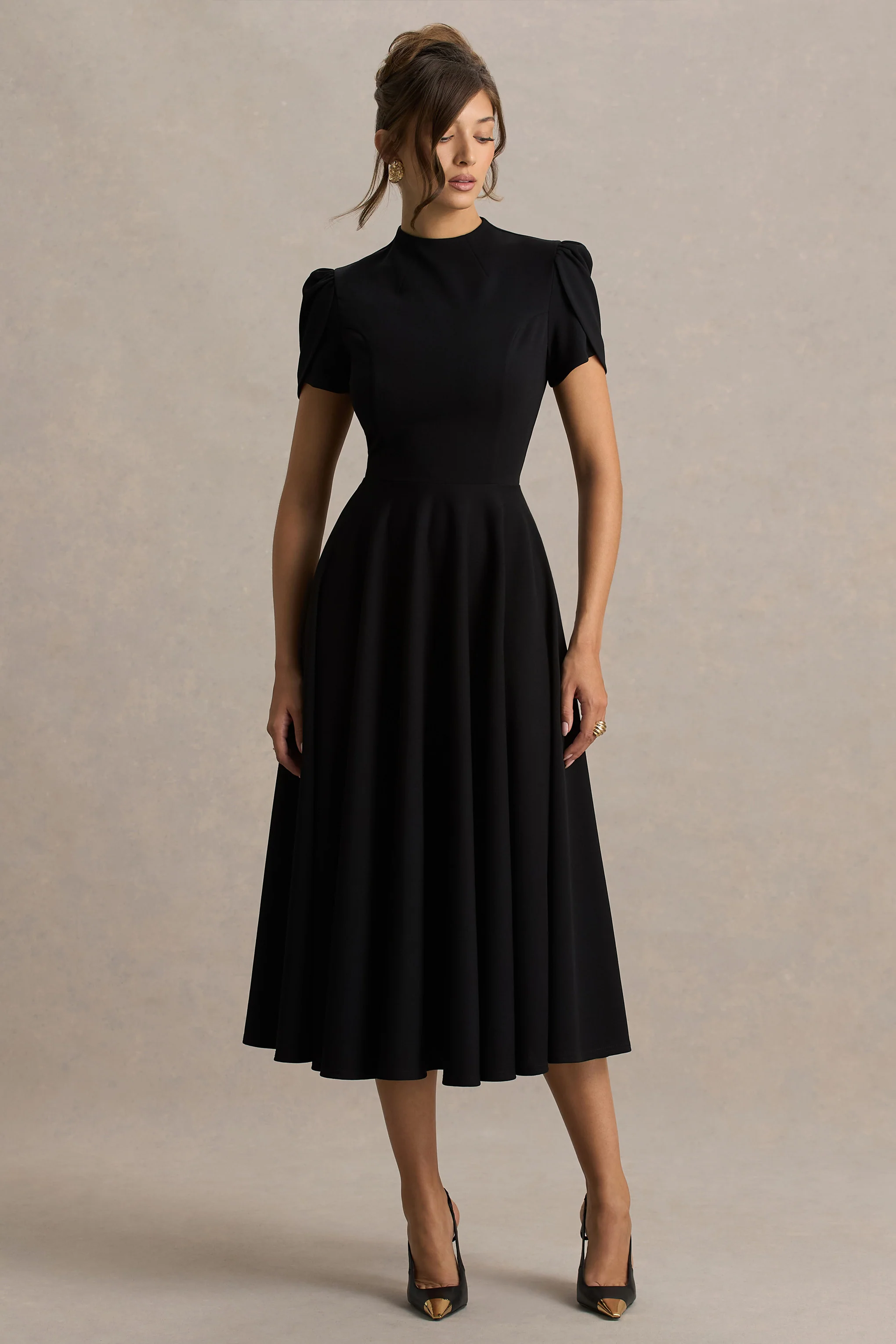 Vicky | Black High Neck Midi Dress With Puff Sleeves