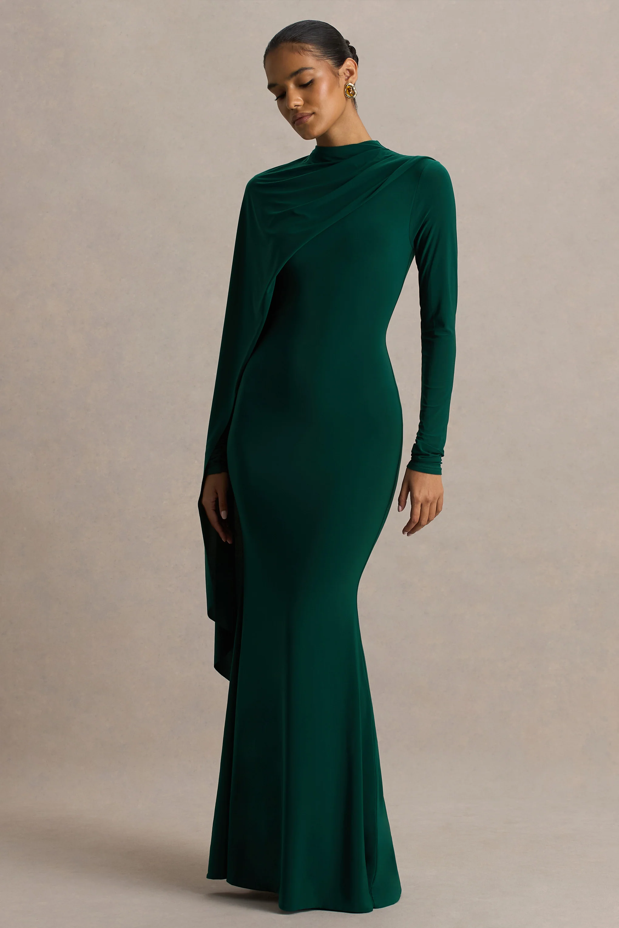 Always | Bottle Green High-Neck Maxi Dress With Cape Sleeve Detail