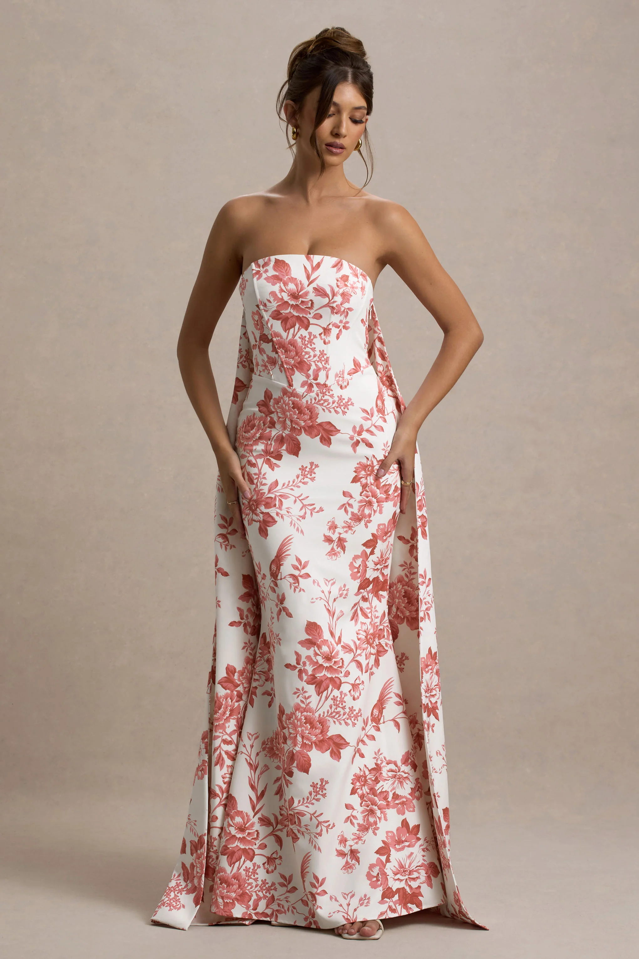 Lywenn | Pink Porcelain Print Bandeau Maxi Dress With Cape
