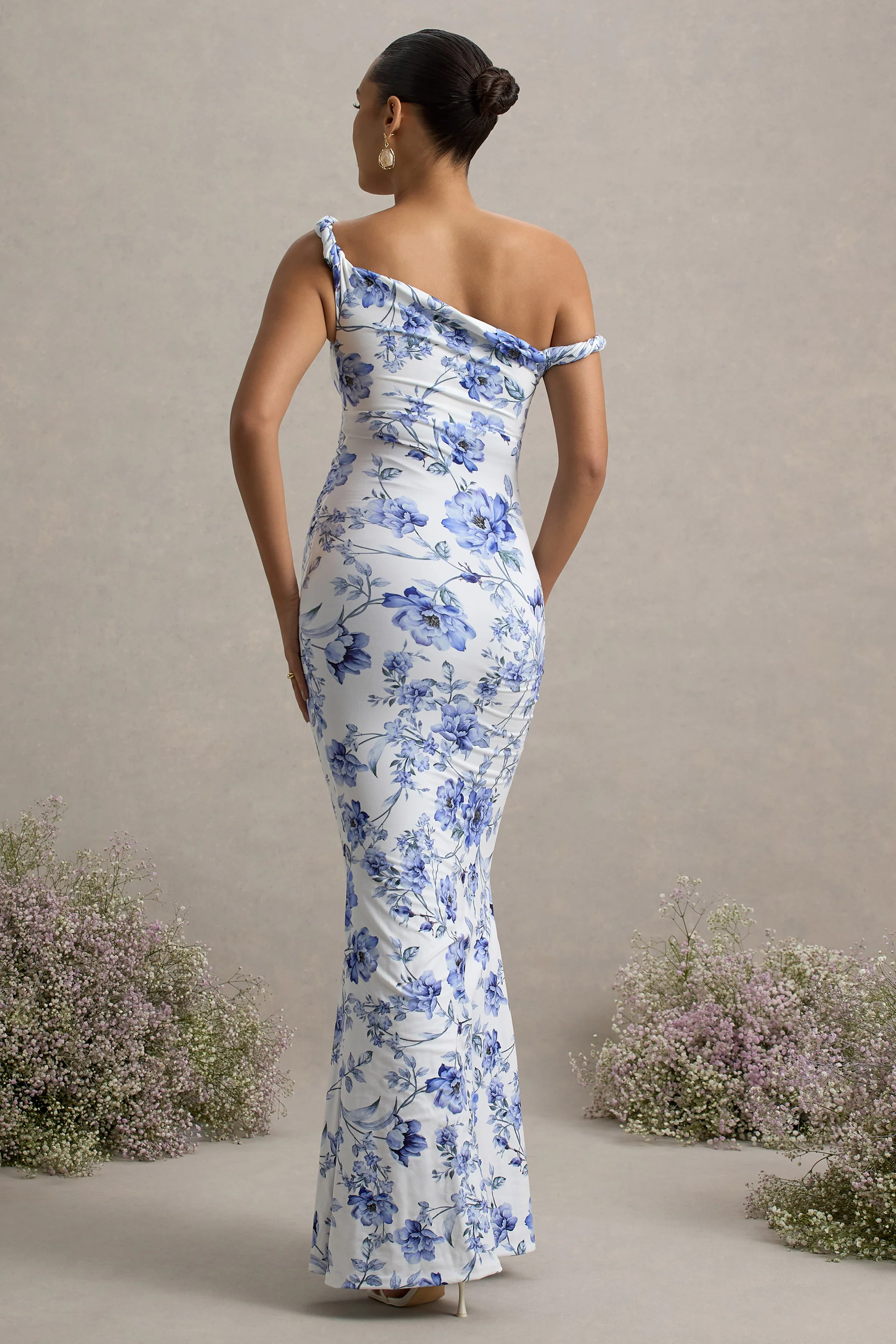 Lita | Blue Floral Print Twisted Asymmetric Maternity Maxi Dress