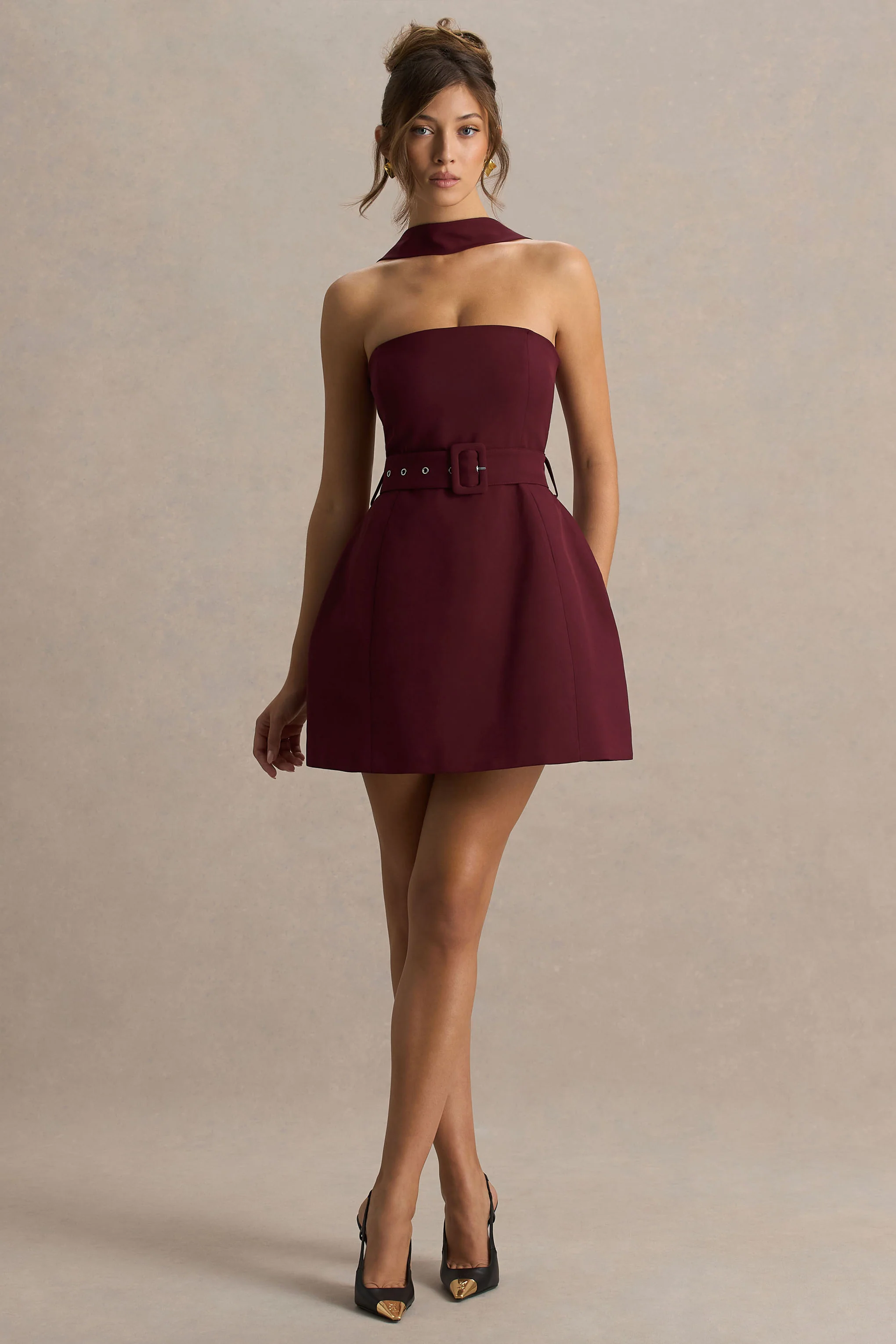 Timberly | Burgundy High-Neck Tailored Micro-Mini Dress