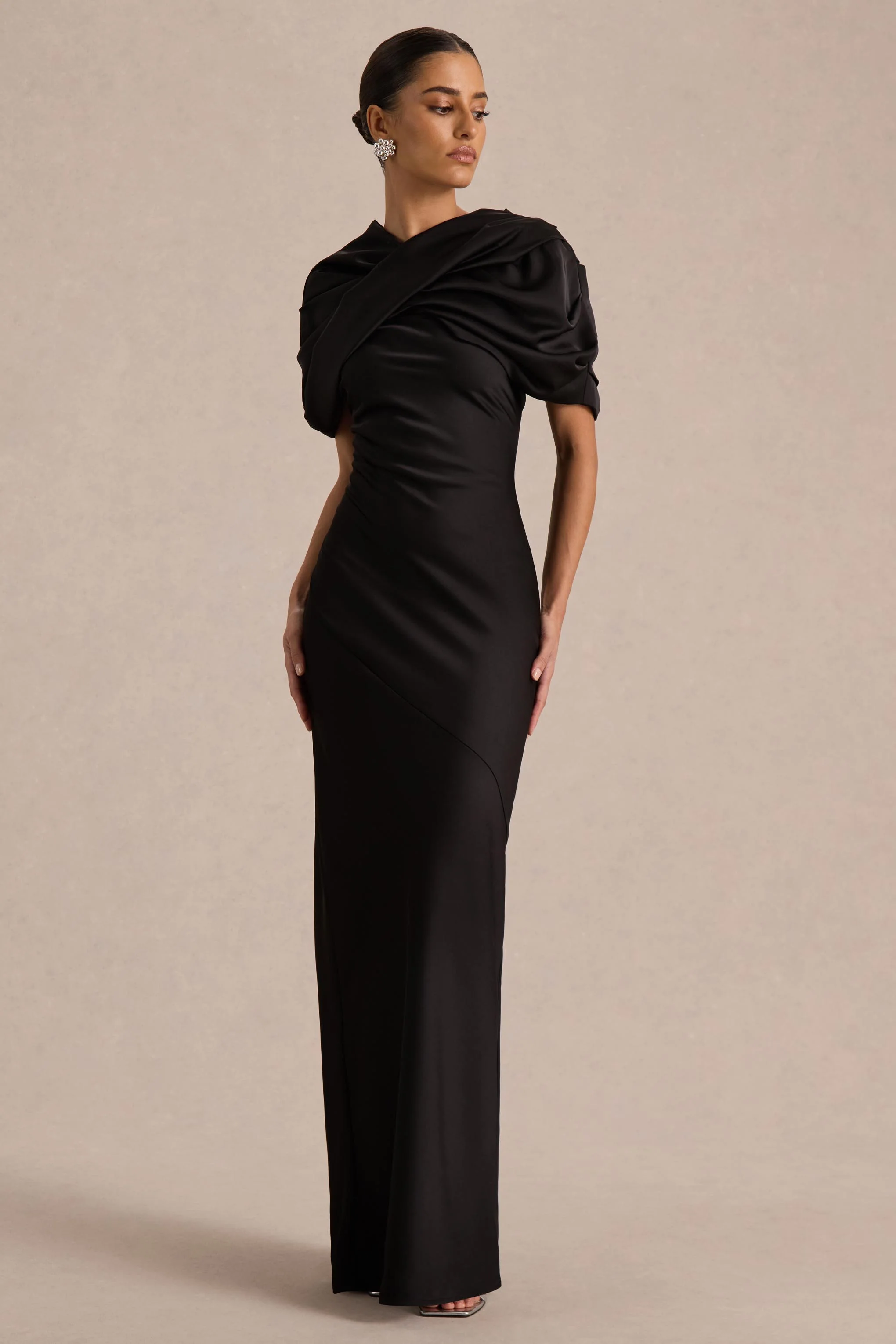 Yoli | Black Satin Maxi Dress With Twist-Cape