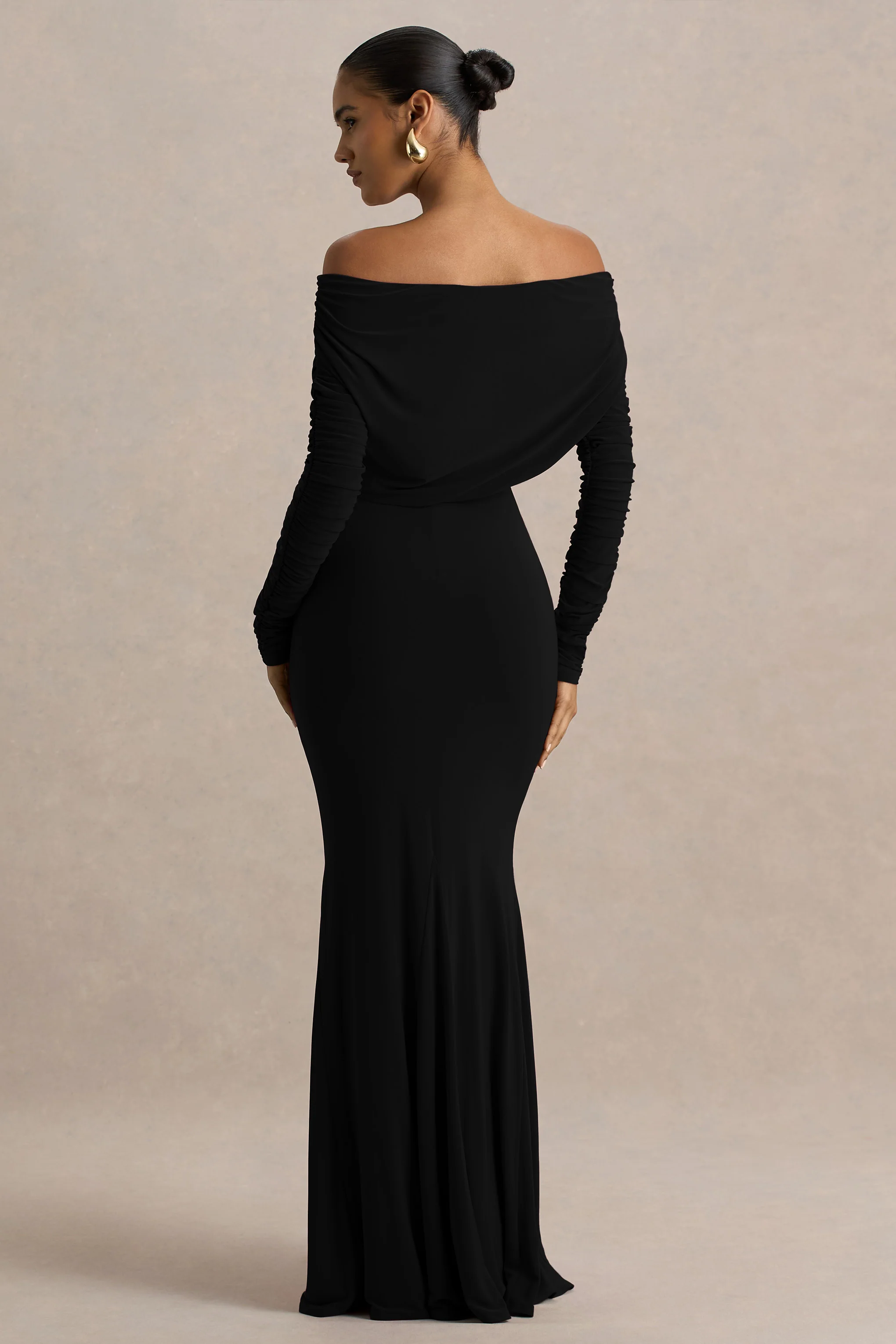 Cilla | Black Bardot-Neck Maxi Dress With Ruched Detailing