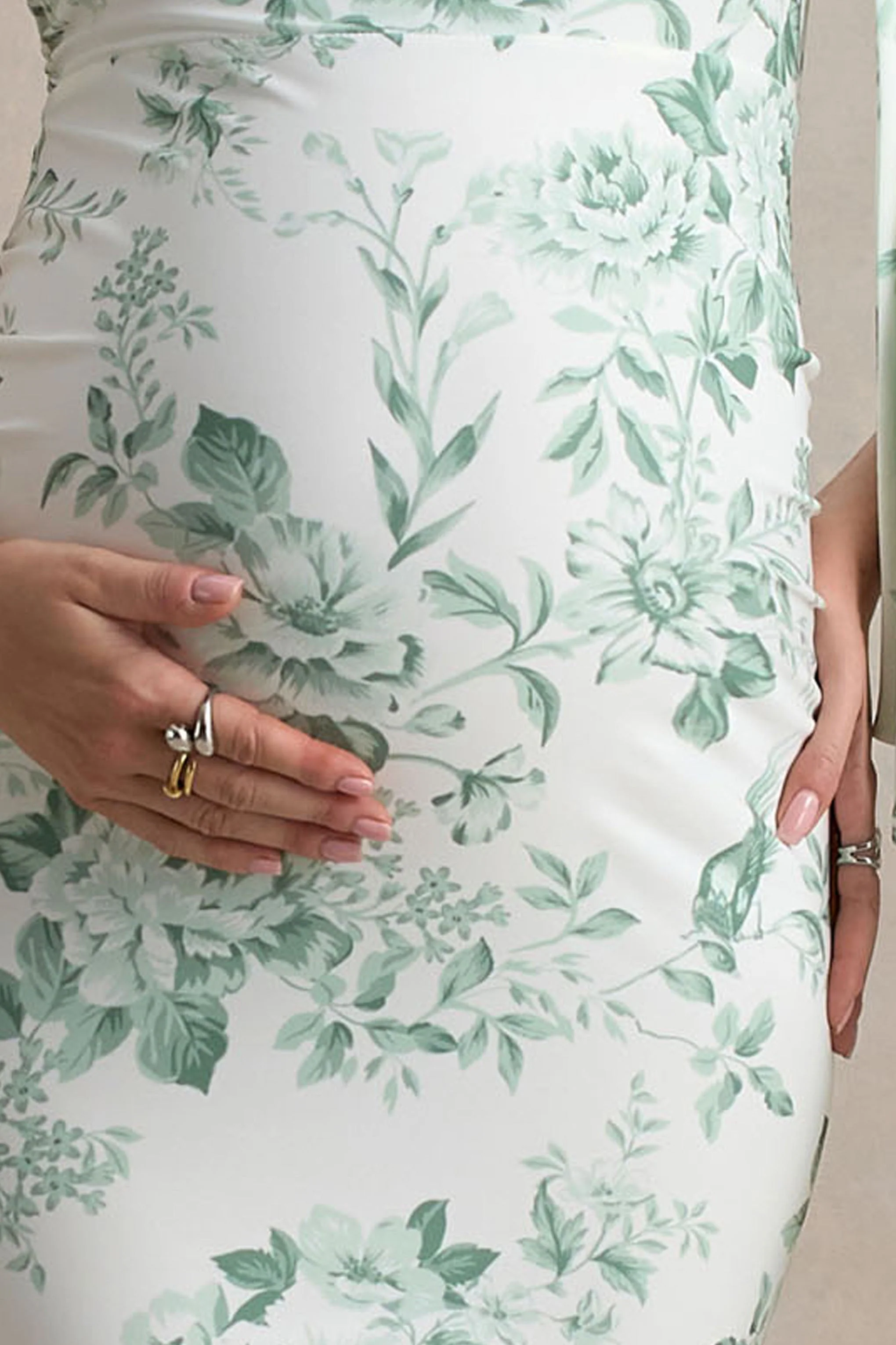 Aliana | Green Porcelain Print Asymmetric Maternity Maxi Dress With Ruched Detailing