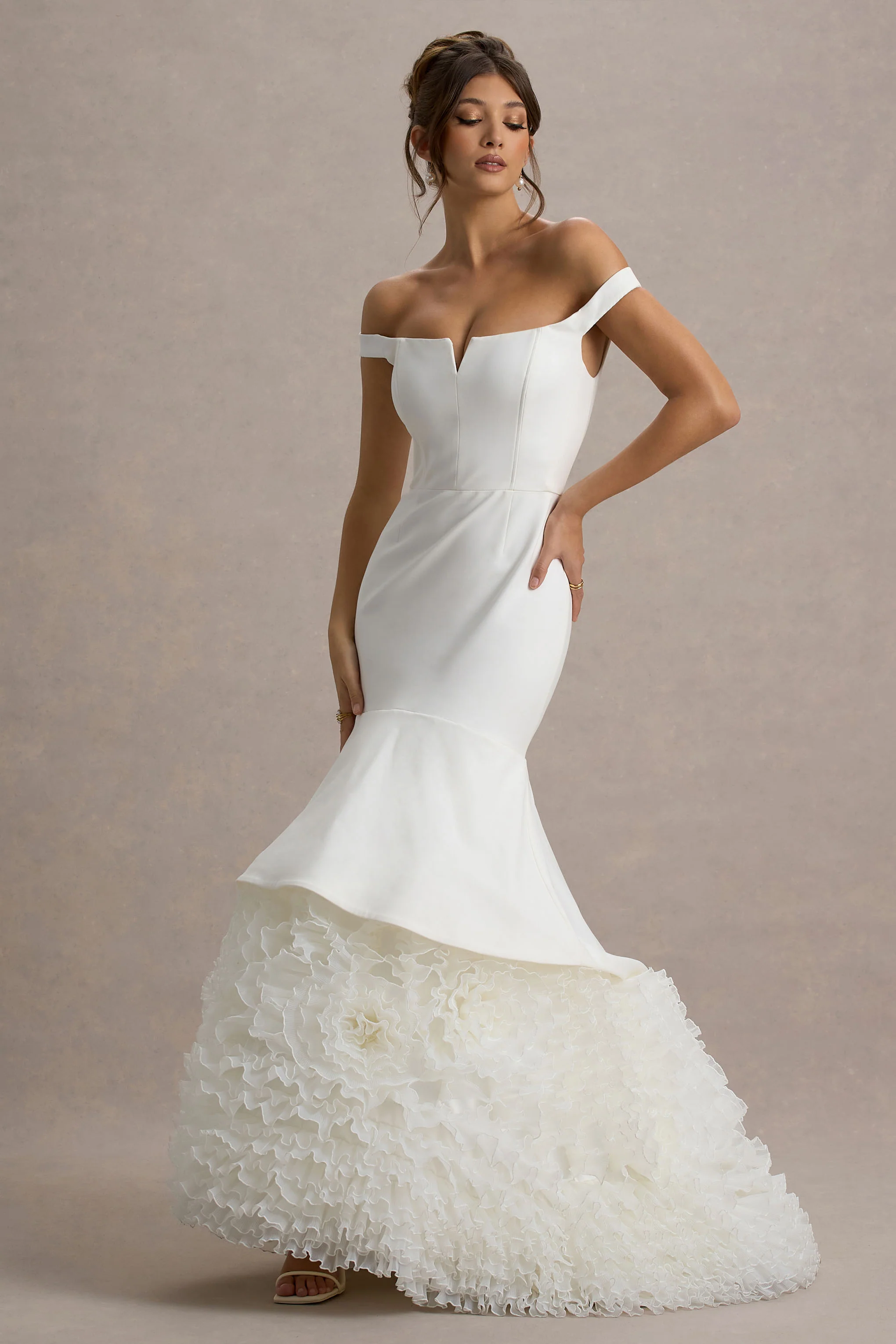 The Greatest | White & Cream Bardot Maxi Dress With Tulle Skirt