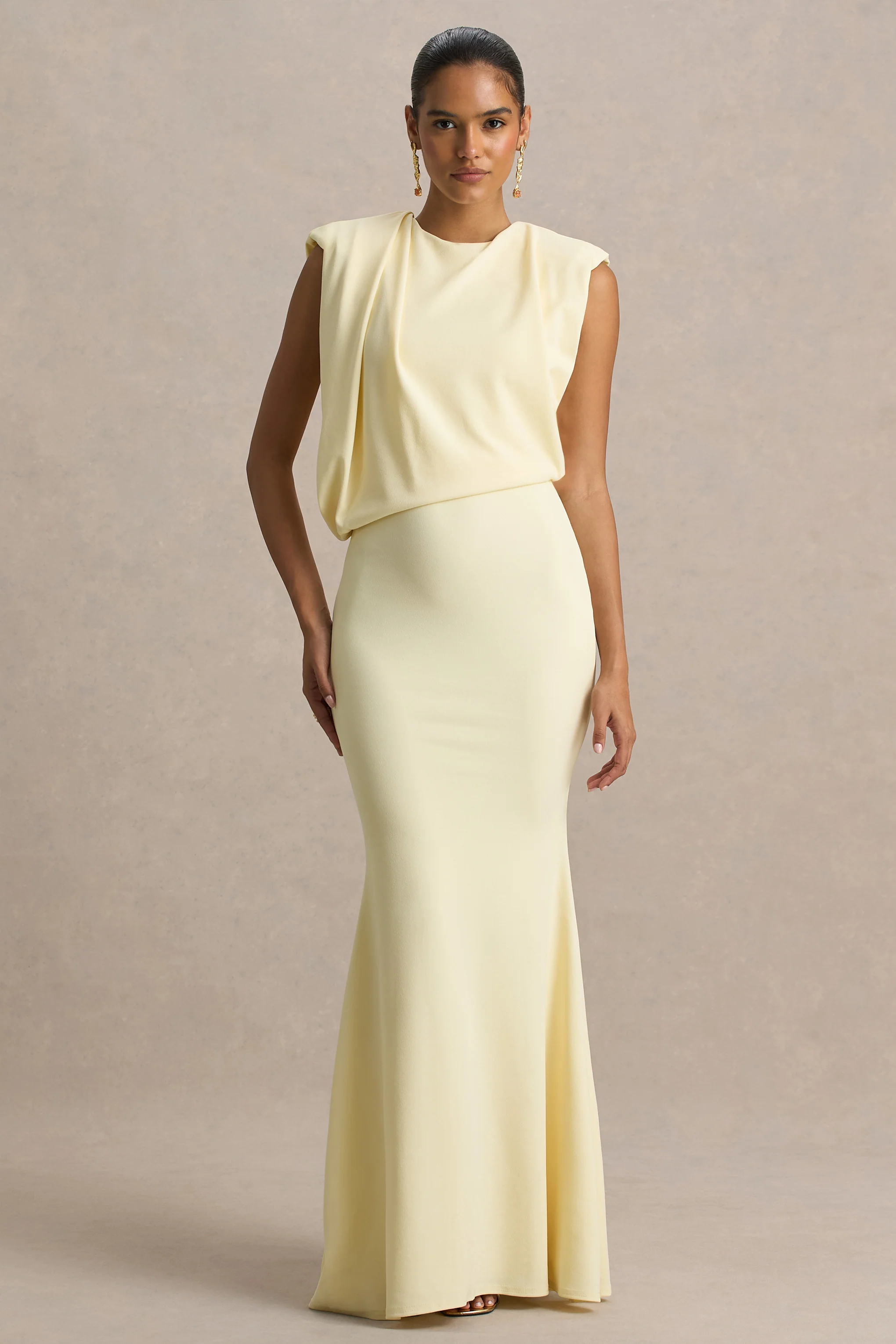 Meave | Lemon High Neck Maxi Dress With Draping Detail