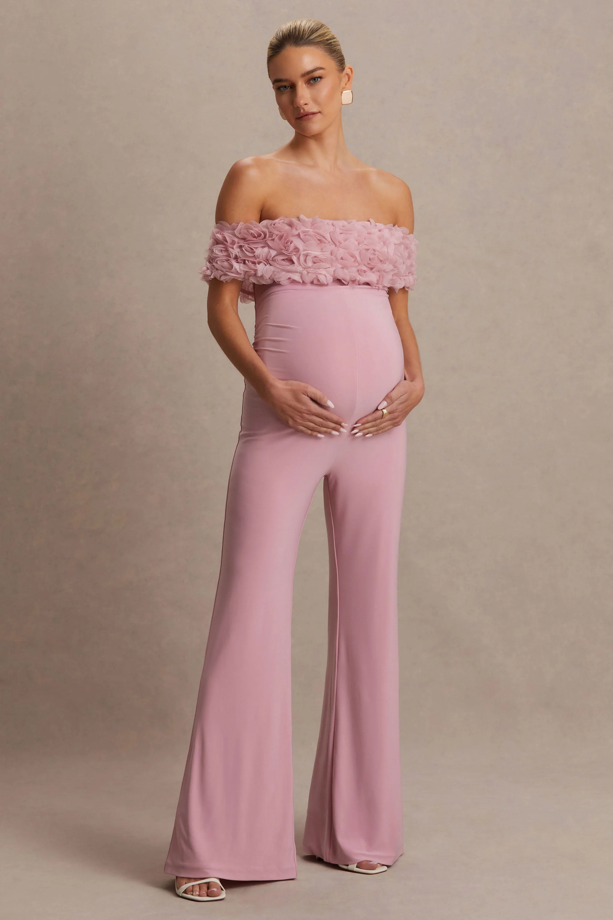 Sallow | Pink Floral Bardot Maternity Jumpsuit