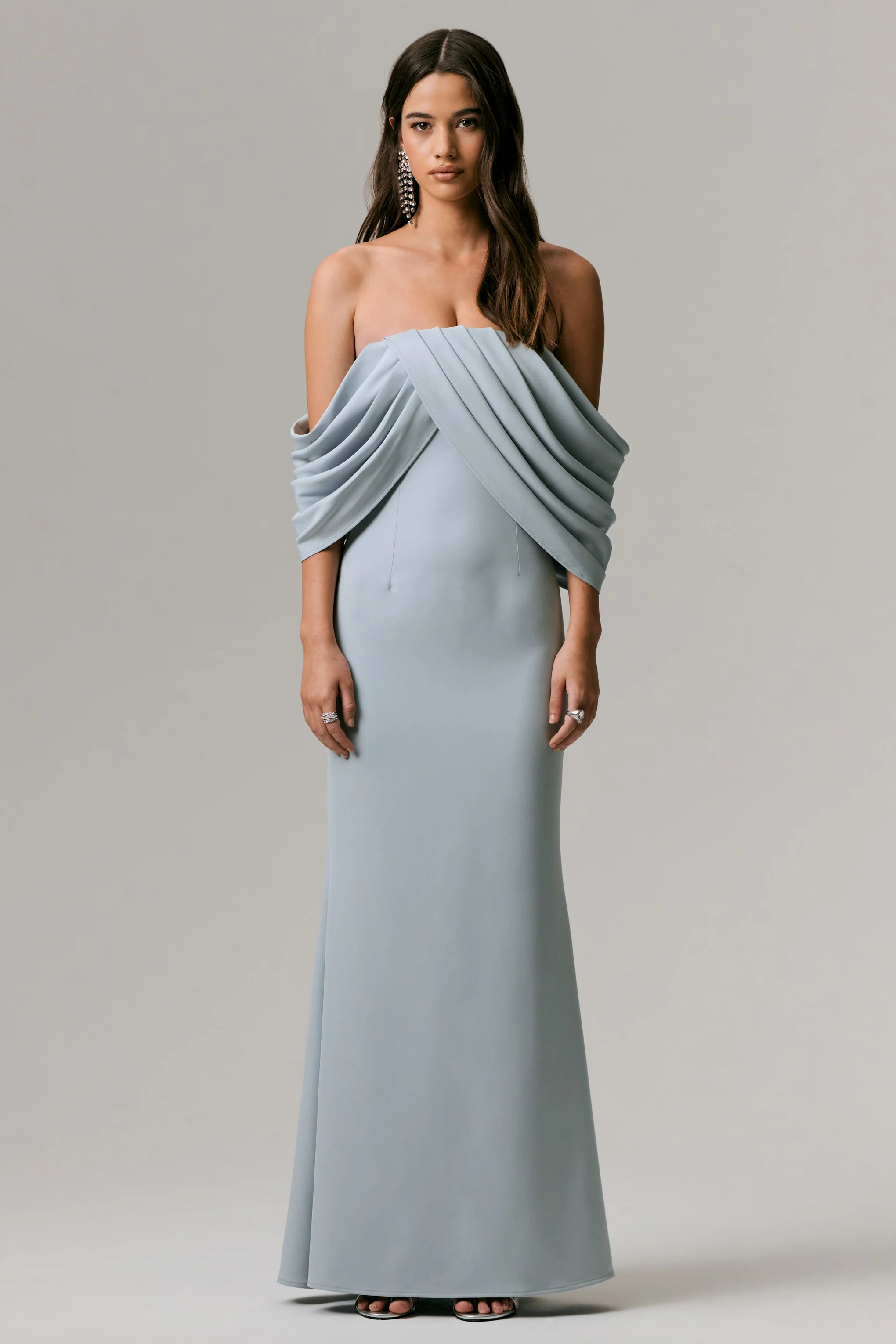 Serene | Powder Blue Draped Bardot Maxi Dress