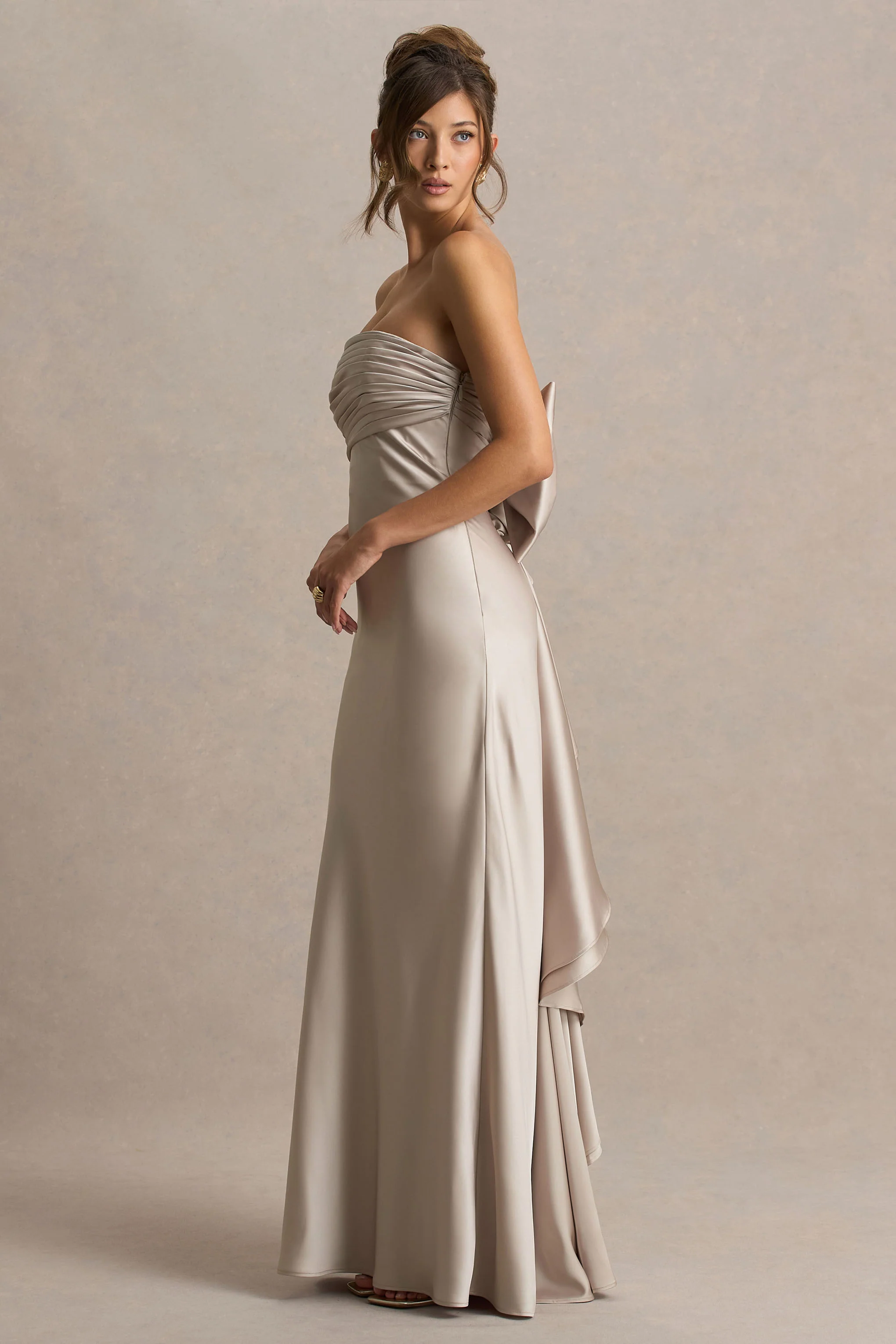 Talulla | Champagne Satin Bandeau Maxi Dress With Ruffled Detail