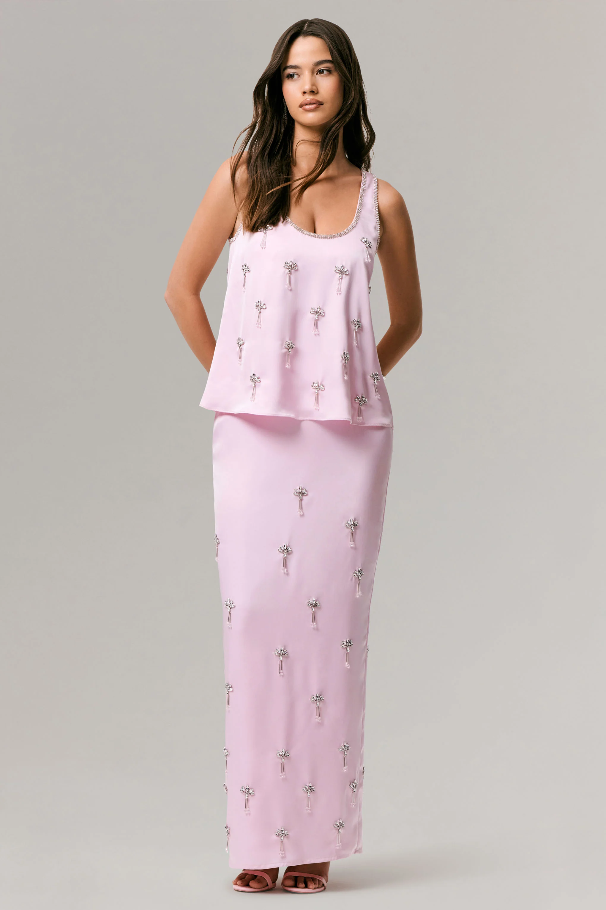 Lena | Pink Satin Embellished Maxi Skirt