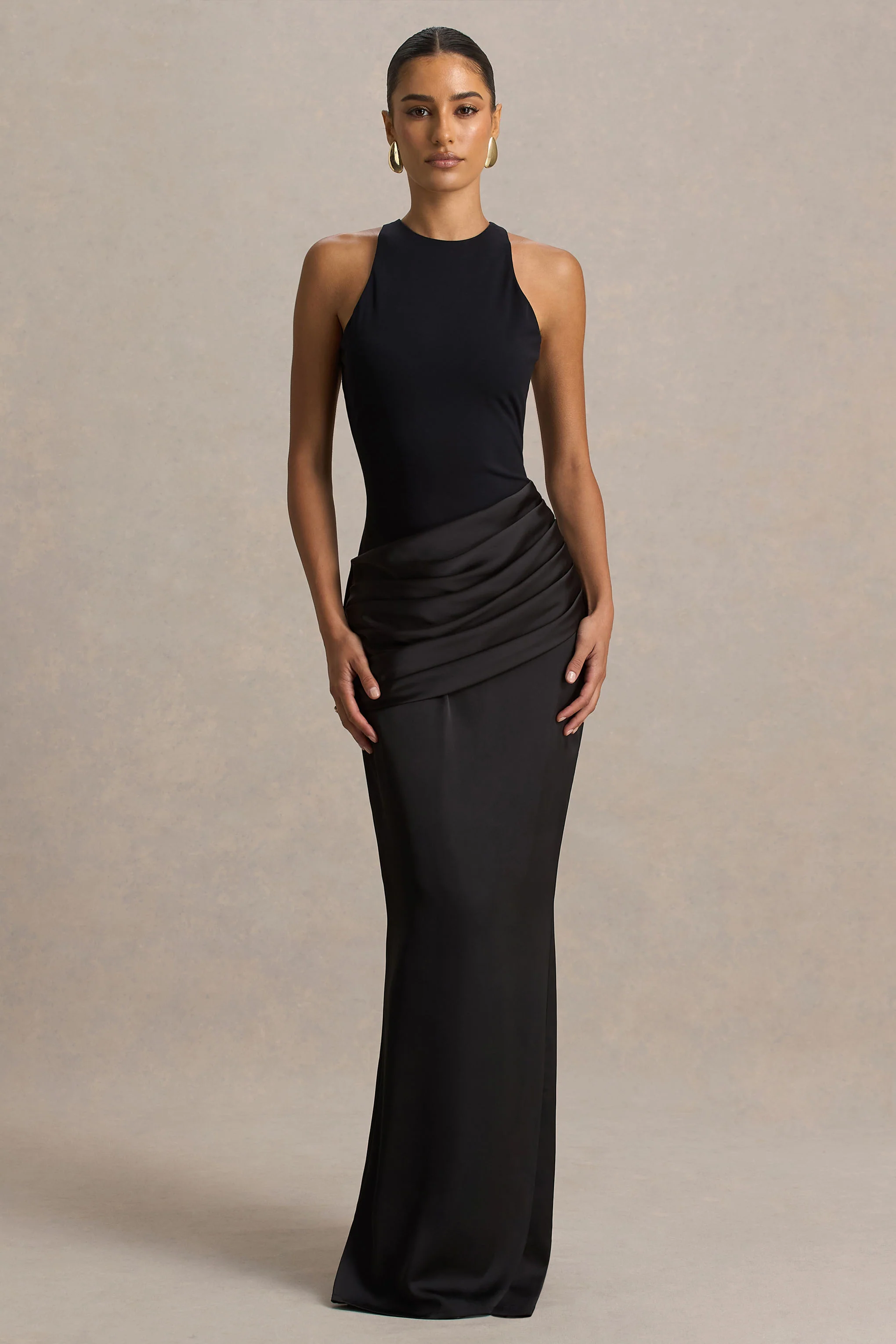 Akari | Black High-Neck Maxi Dress With Satin Skirt