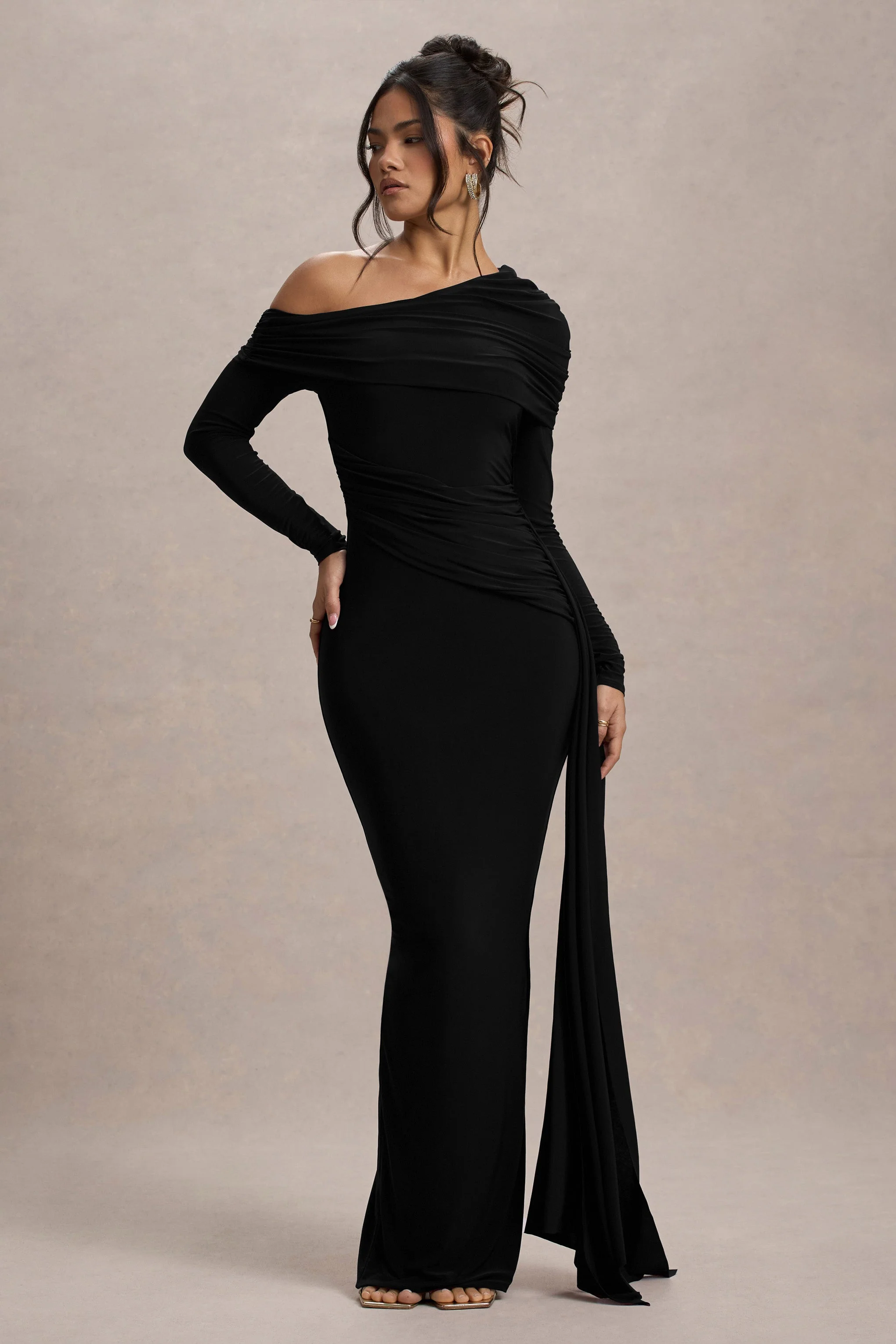 Valina | Black Ruched Asymmetric Maxi Dress With Drape
