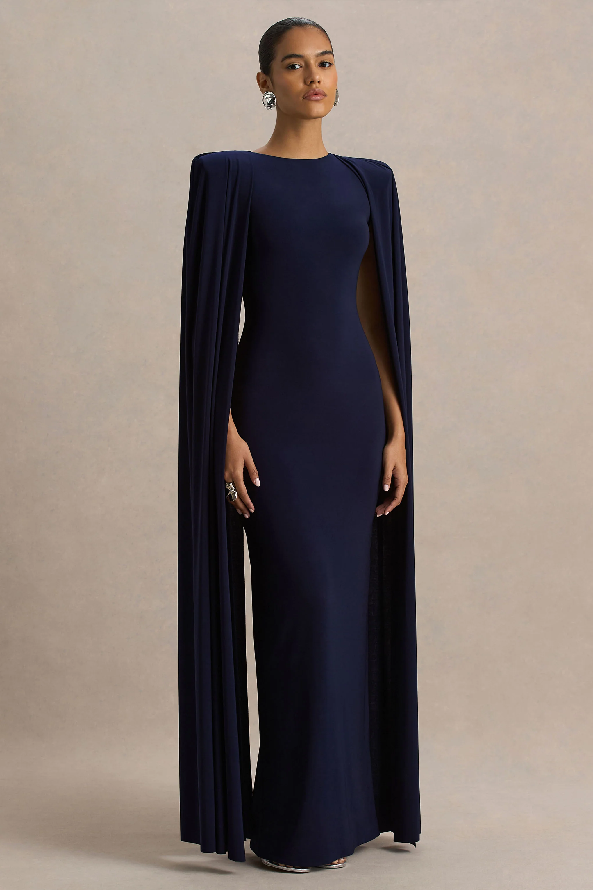 Mimi | Navy High-Neck Maxi Dress With Cape Sleeve Detail