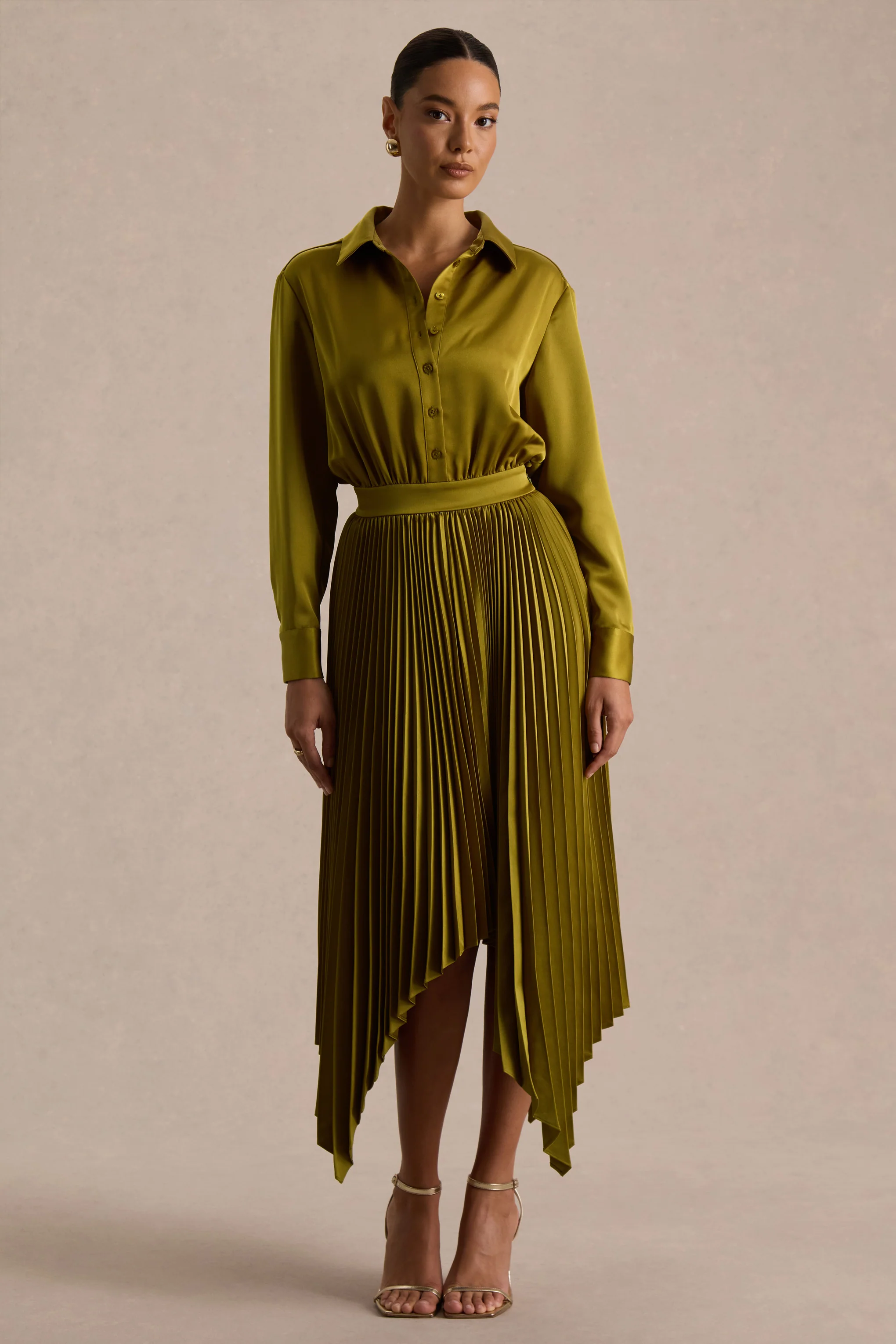 Naxos | Olive Satin Maxi Shirt Dress