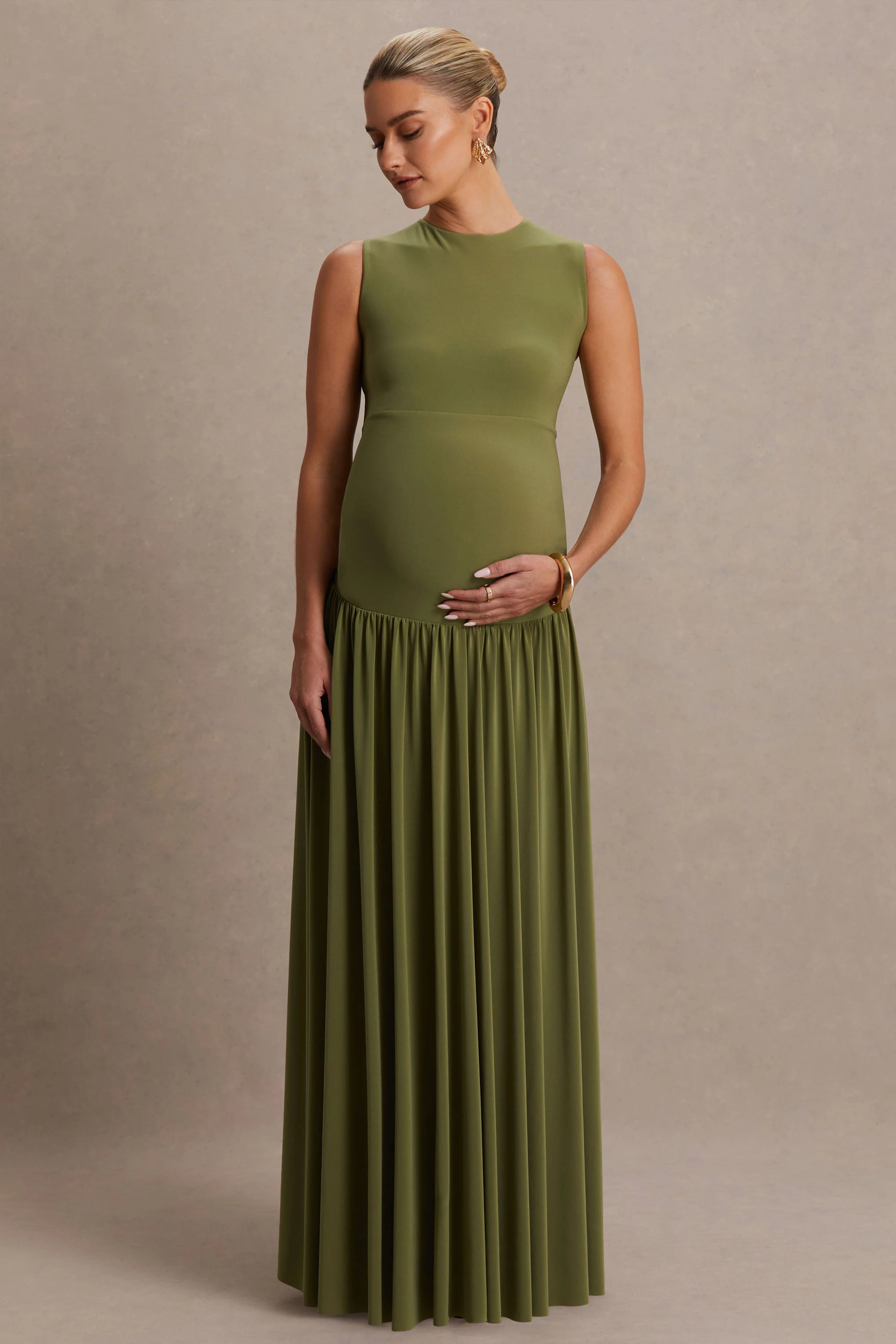 Outline | Olive High-Neck Maternity Maxi Dress With Draped Skirt