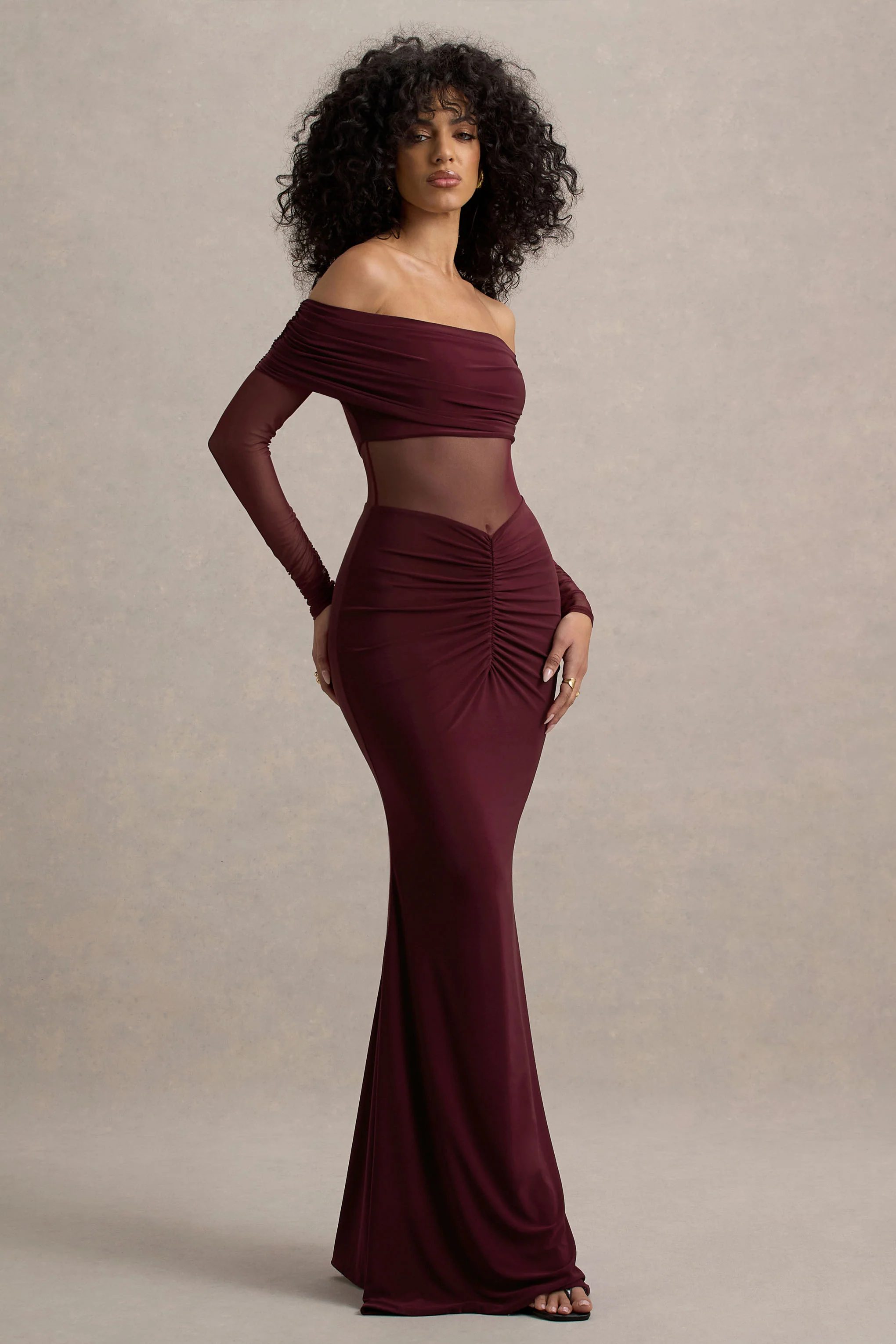 Ismeralda | Burgundy Mesh Ruched Bardot Maxi Dress
