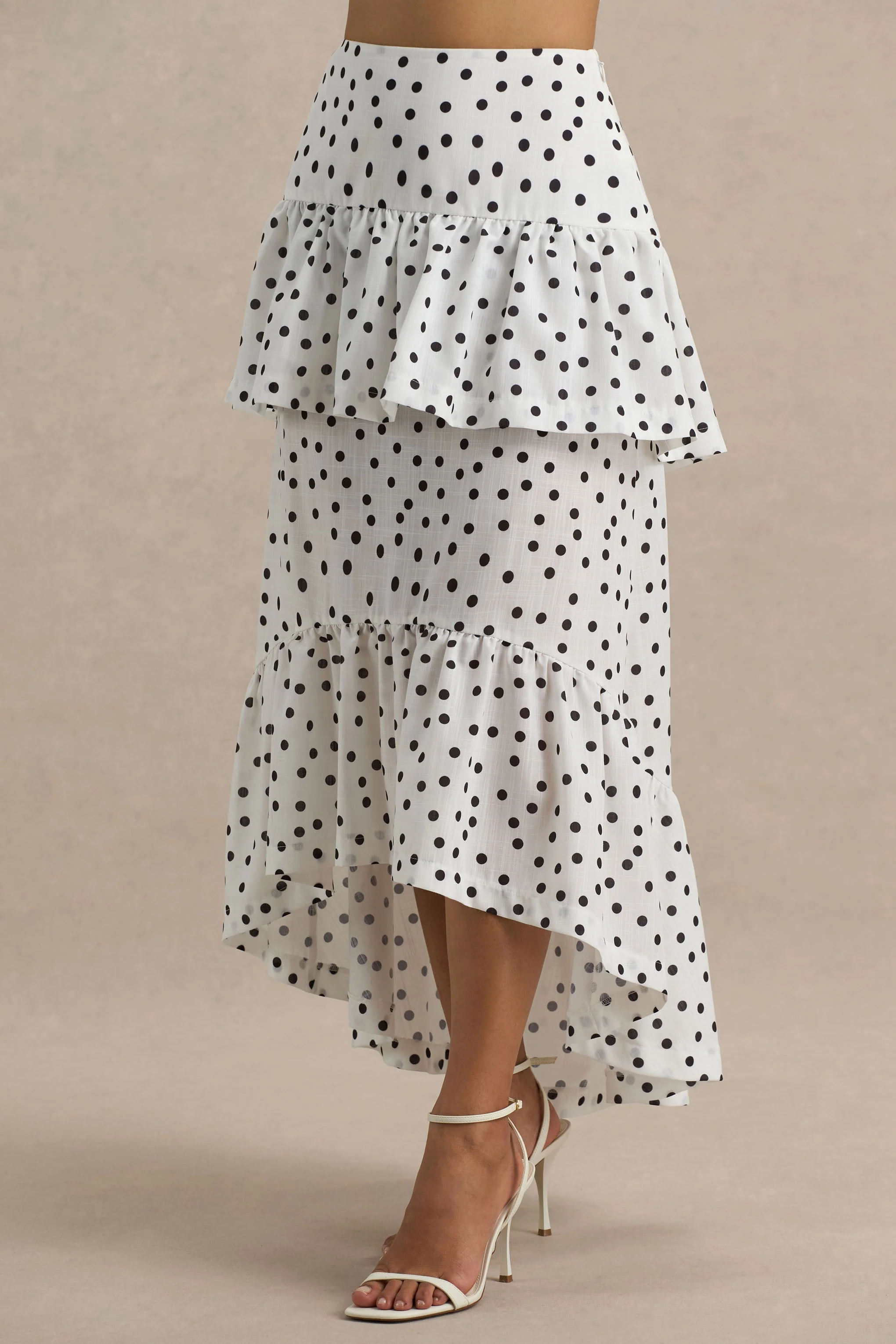 Emry | White Polka Dot High-Waist Maxi Skirt With Ruffle Detail