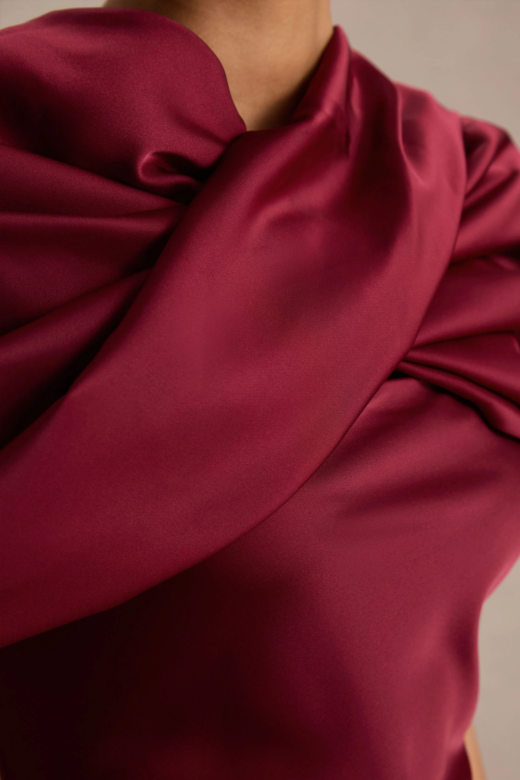 Yoli | Burgundy Satin Maxi Dress With Twist-Cape