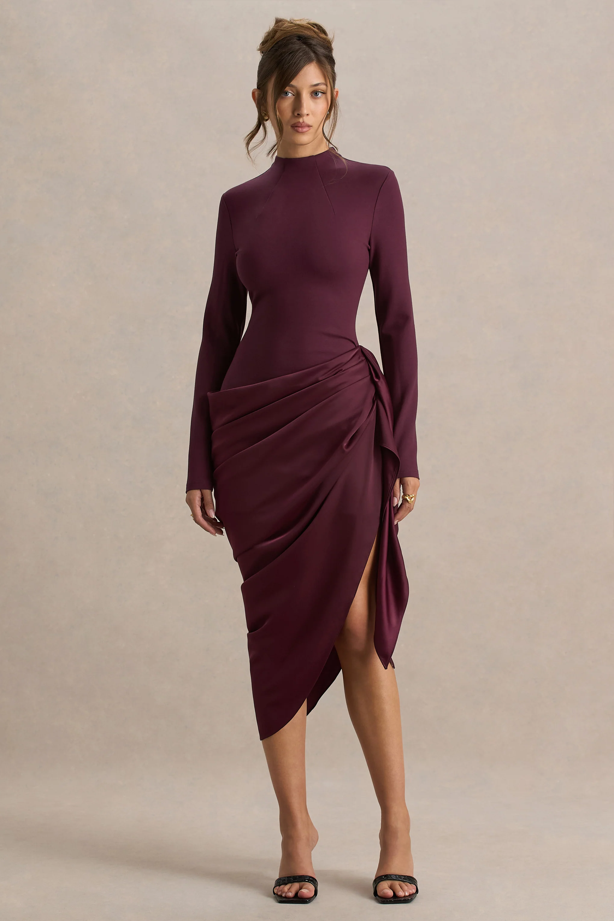 Raffie | Plum Long-Sleeve Midi Dress With Satin Wrap Skirt