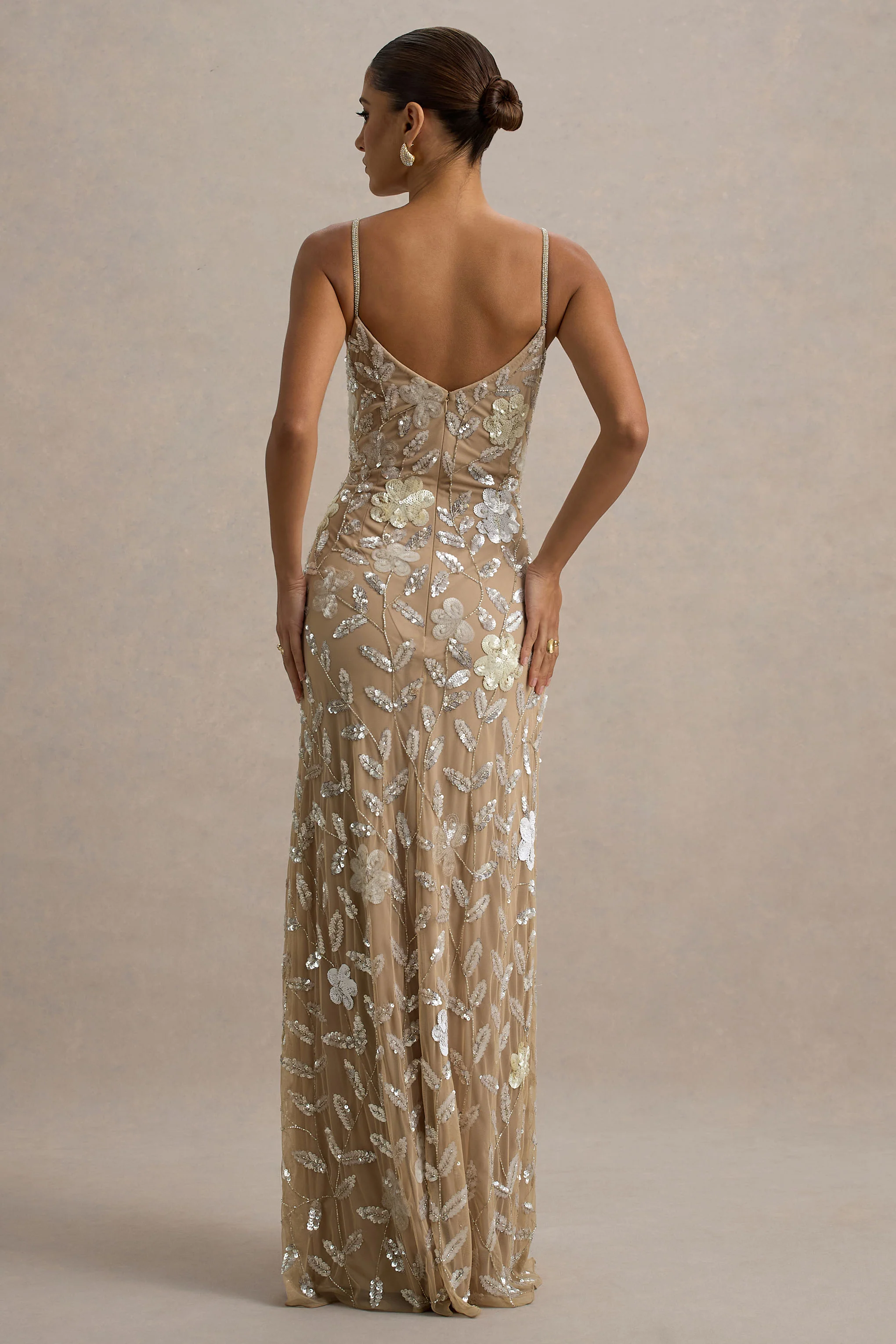 Gemini | Floral Sequin Hand-Embellished Strappy Maxi Dress