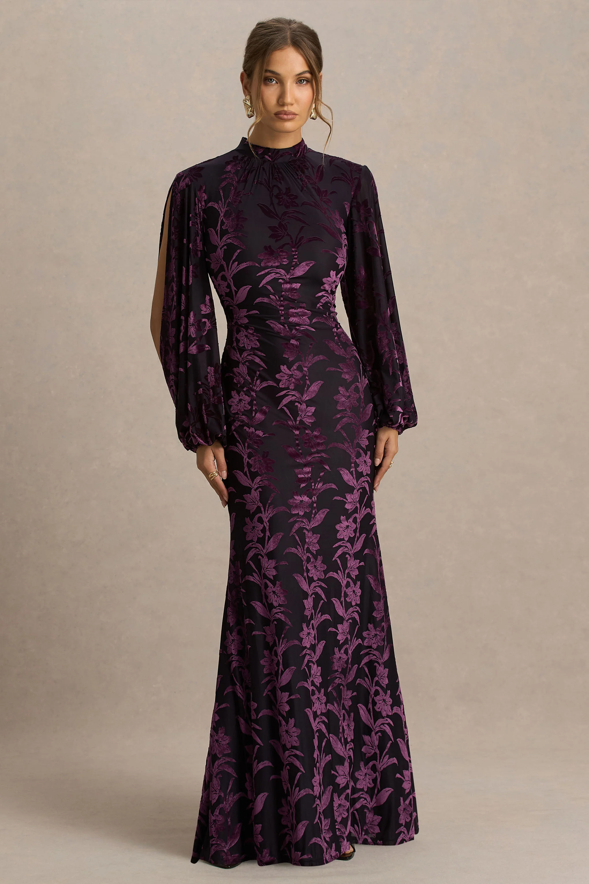 Janet | Black And Burgundy Devore High-Neck Maxi Dress With Cut-Out Details