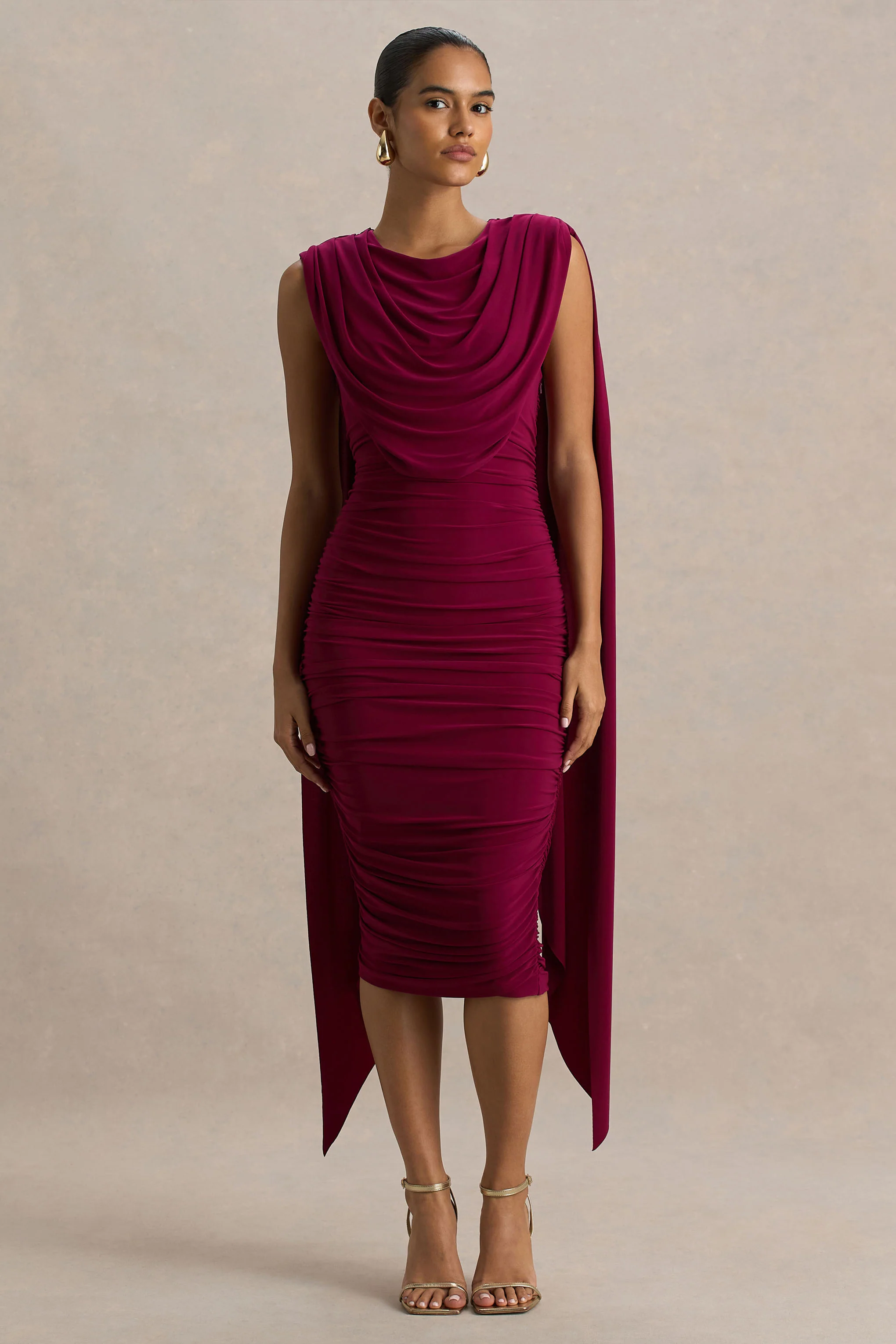 Wanderer | Burgundy Crew-Neck Midi Dress With Draped and Ruched Detailing