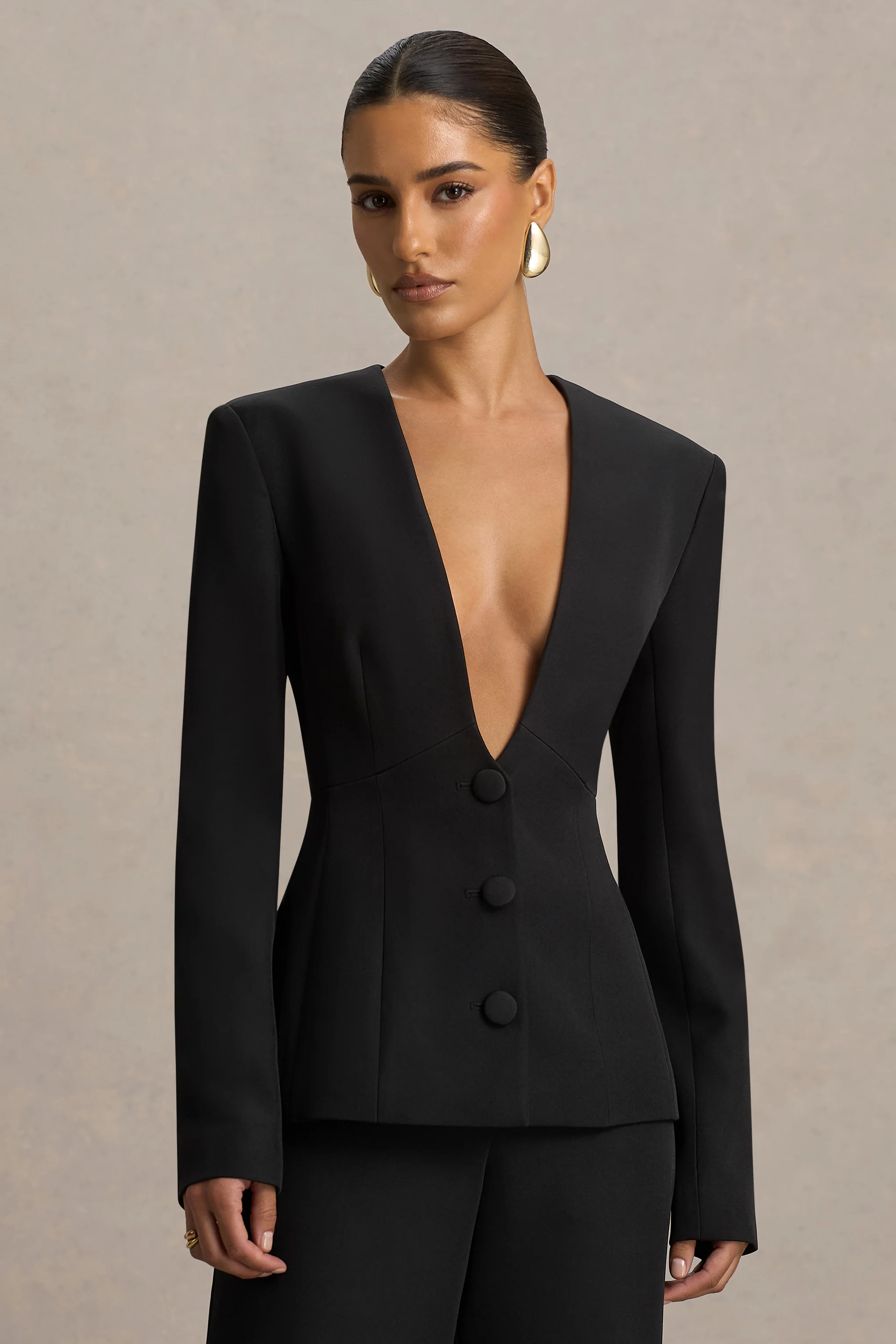 Rosalina | Black Extreme-Plunge Neck Tailored Blazer